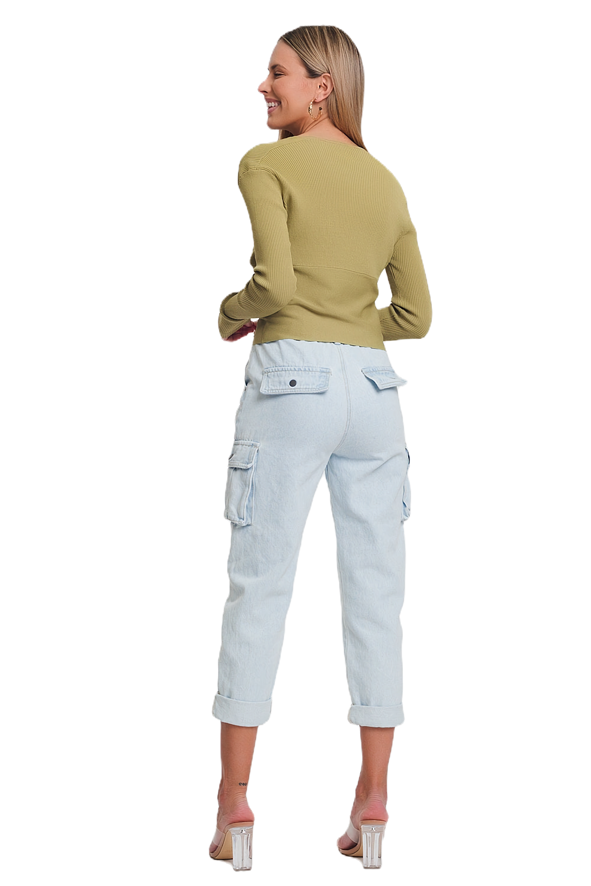 Q2 V Neck Ribbed Sweater in Green