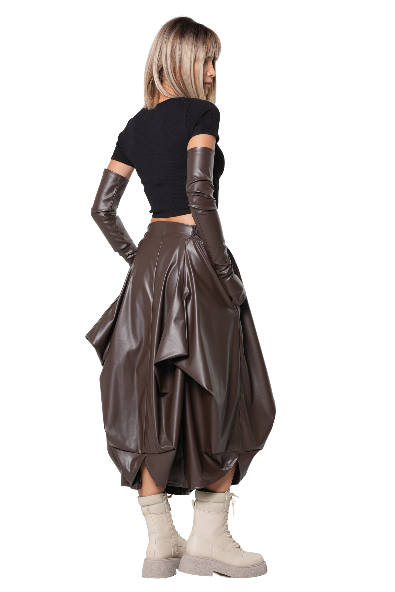 Metamorphoza Brown Vegan Leather Midi Skirt with Sculptural Folds and Gloves Set