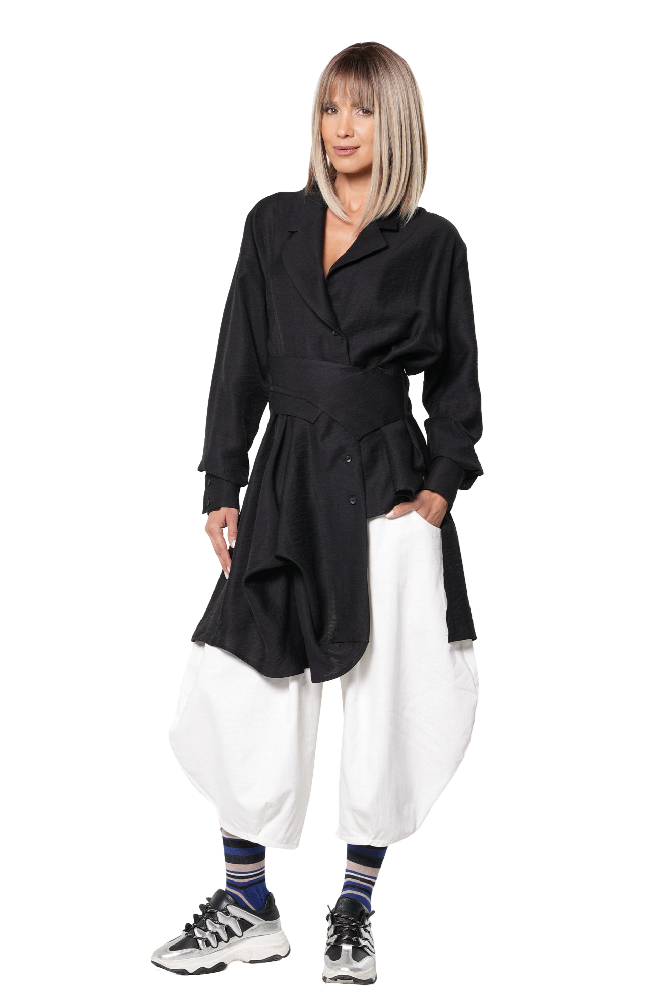 Metamorphoza Asymmetric Shirt with Draped Hem and Statement Belt