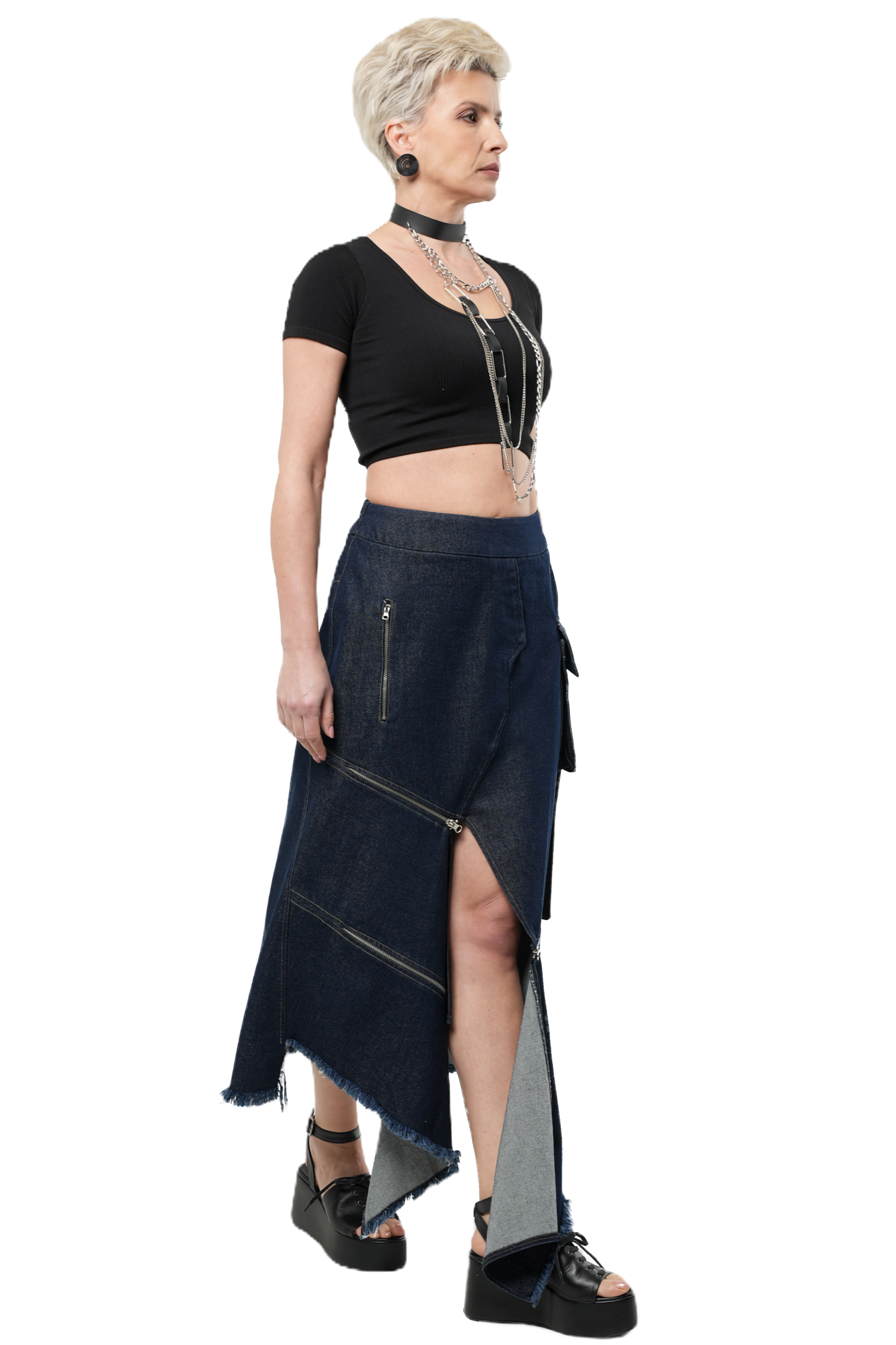 Metamorphoza Asymmetrical Denim Long Skirt with Zippers