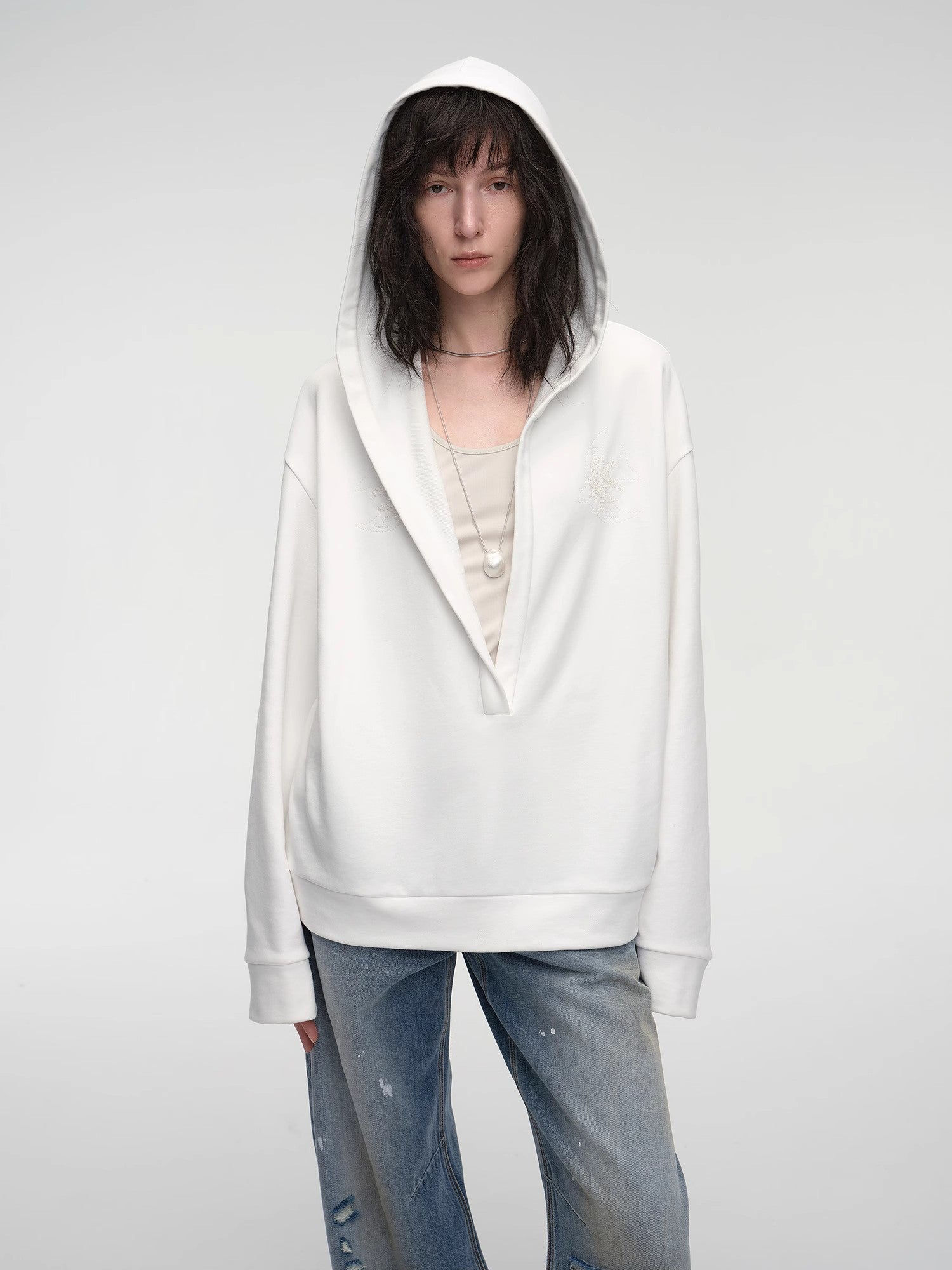 Firelady Fur "Leisure Style" Rice Grain Embroidery Sequins Deep v Hoodie