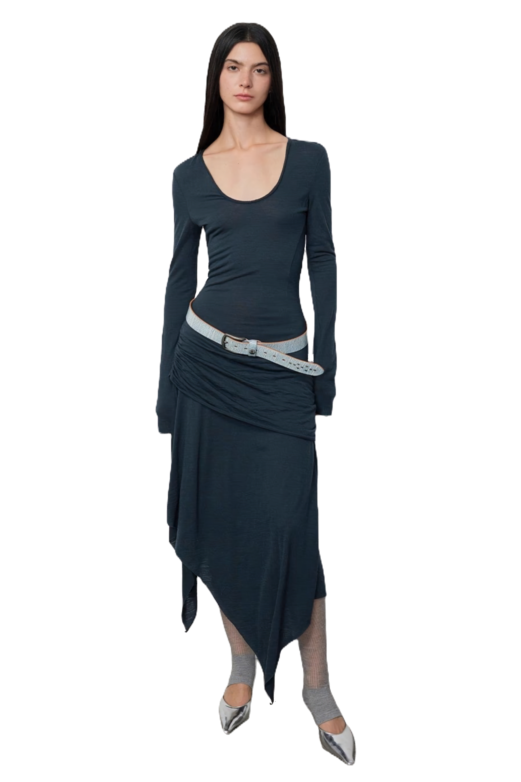 Firelady Fur "Dreamy Ball" Lightweight Wool Asymmetric Hem Long Sleeve Dress