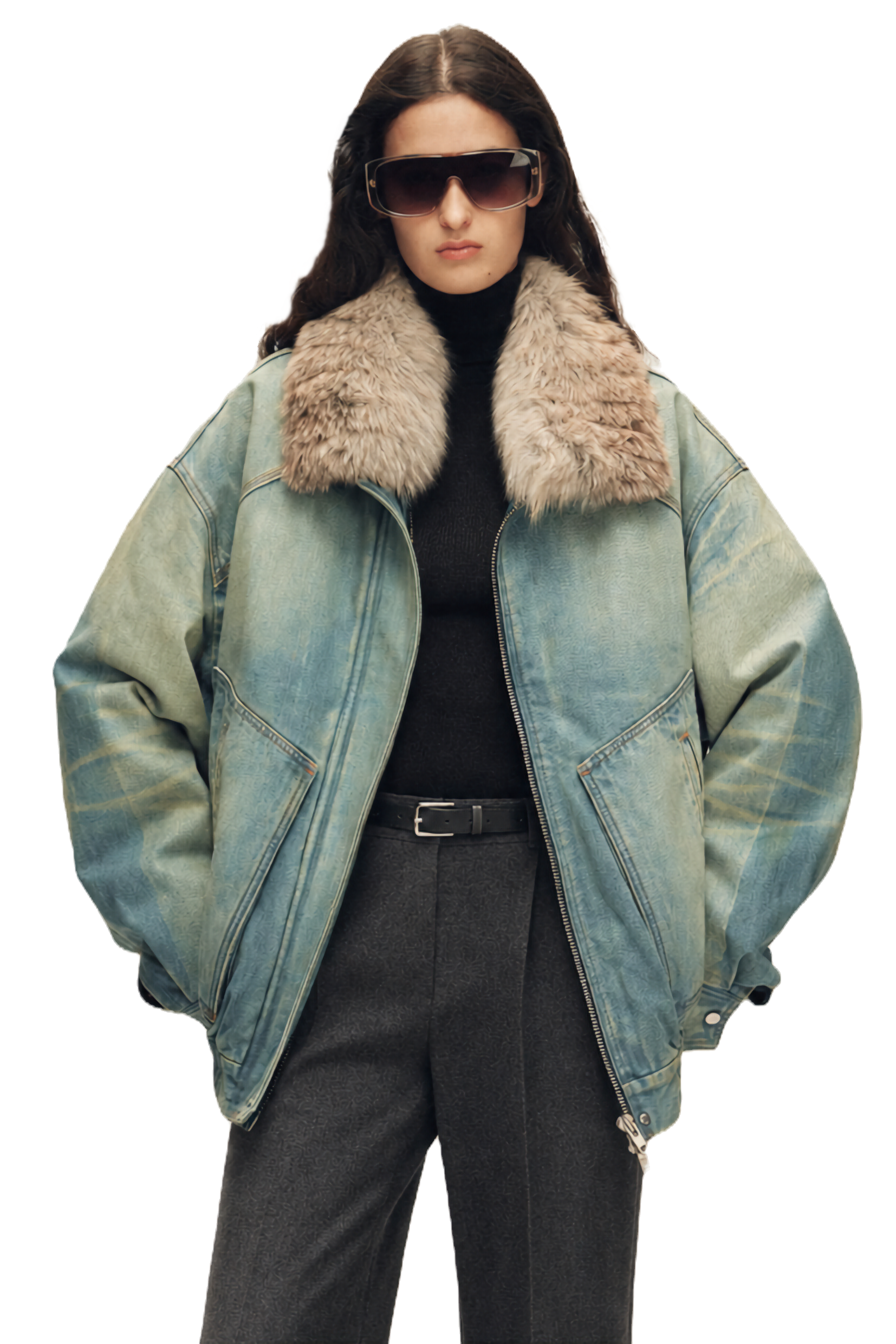 Firelady Fur "Warm Mist Glass" Denim Parka with Removable Fox Fur Collar