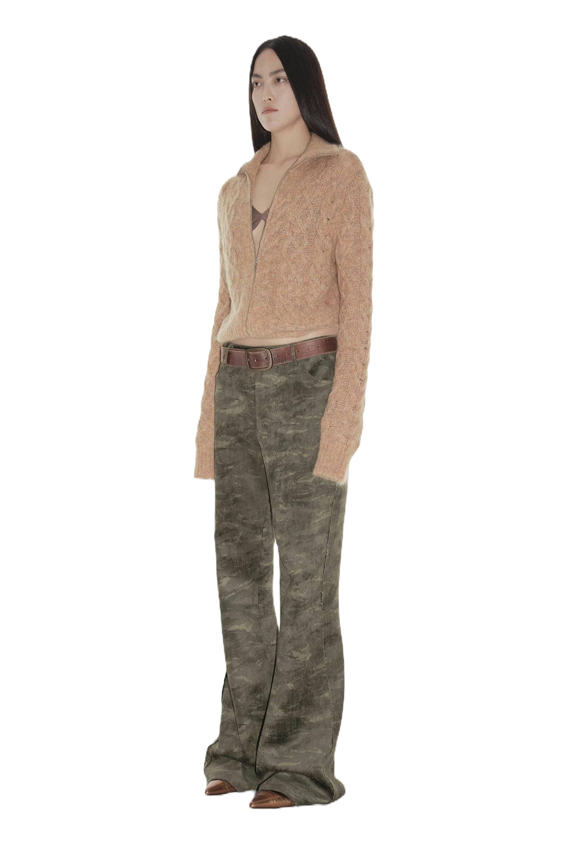 Firelady Fur "Green Camouflage" Chenille Suede Slim Bootcut Pants