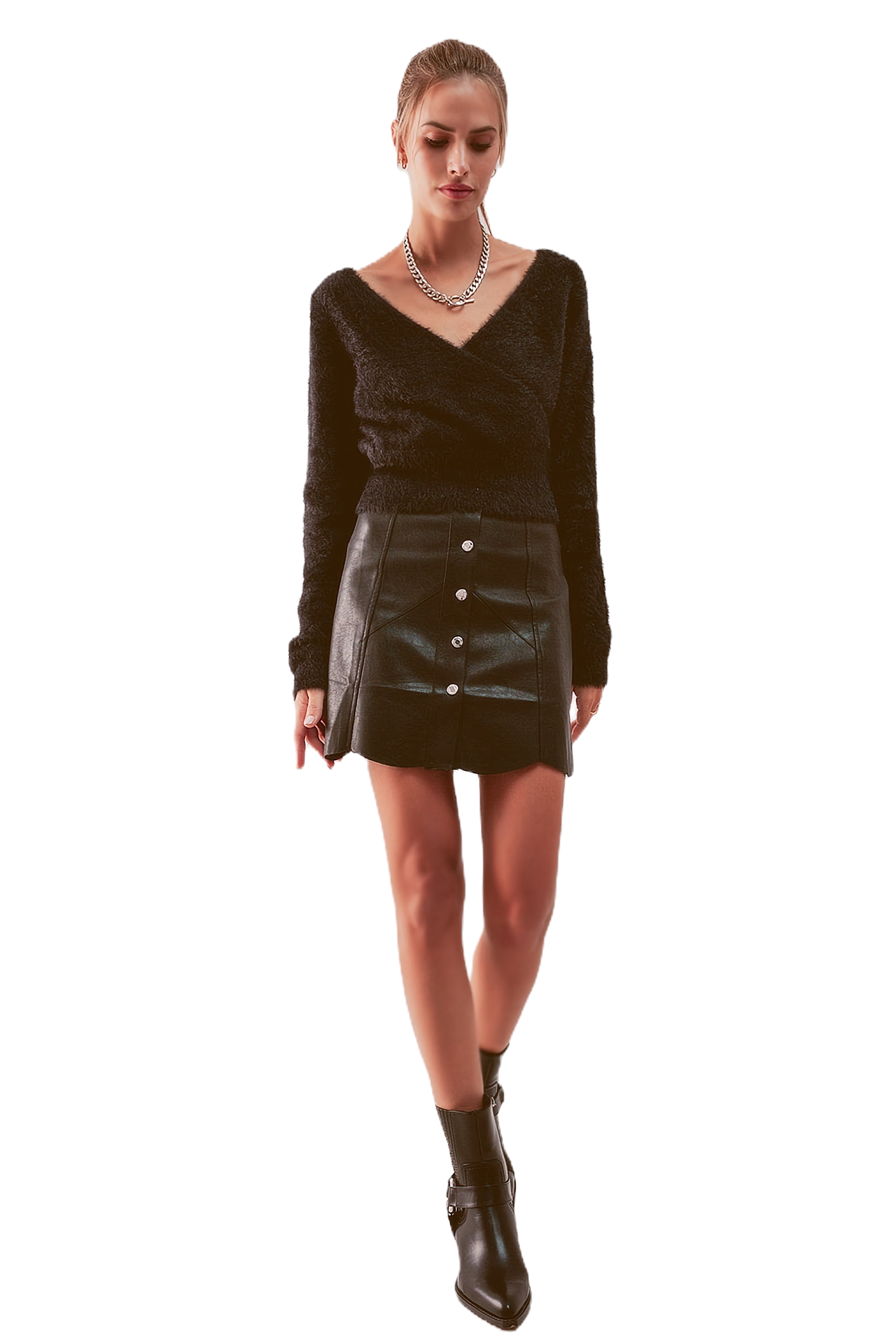 Q2 Button Through Vegan Leather Mini Skirt in Black