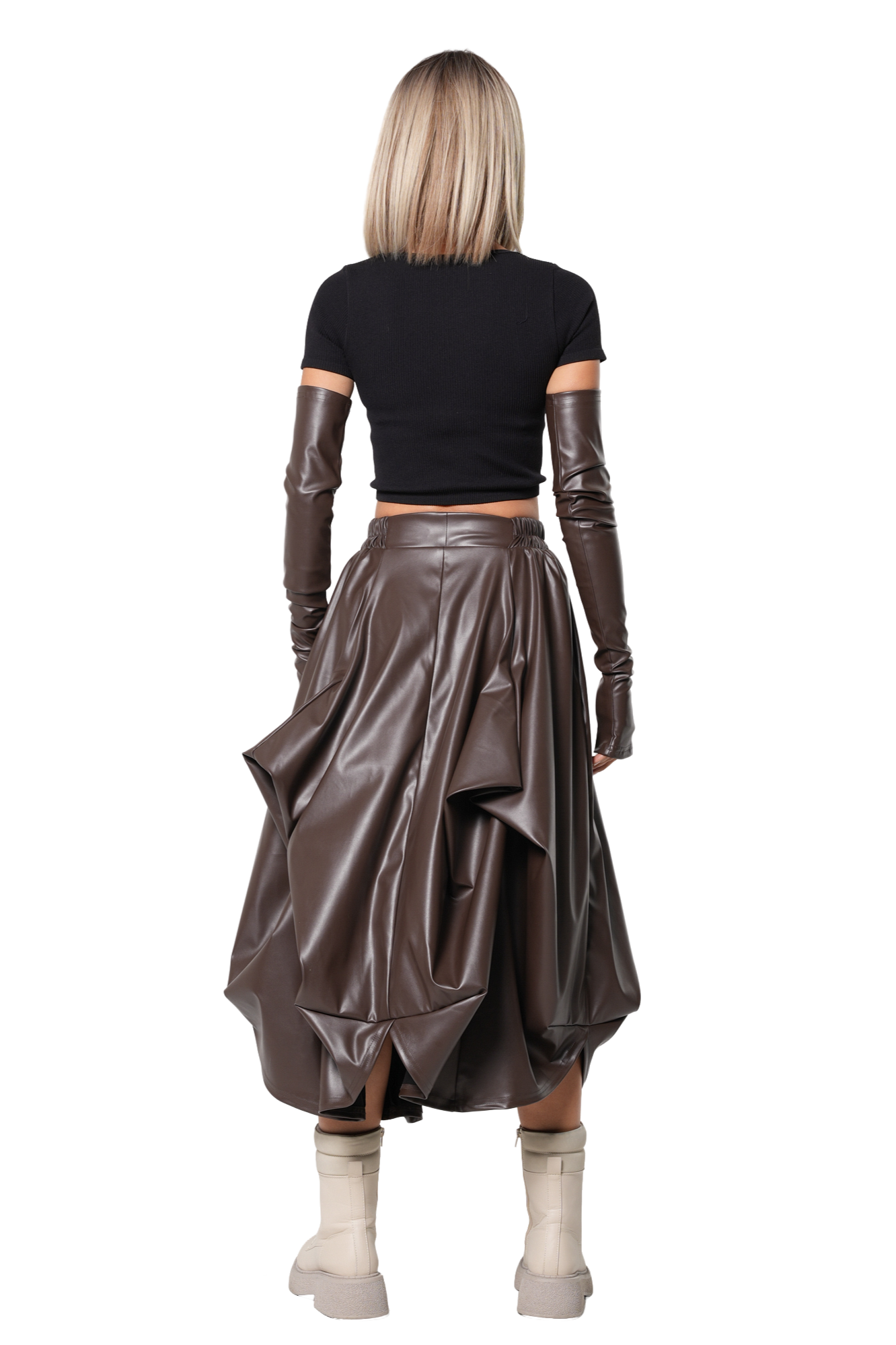 Metamorphoza Brown Vegan Leather Midi Skirt with Sculptural Folds and Gloves Set