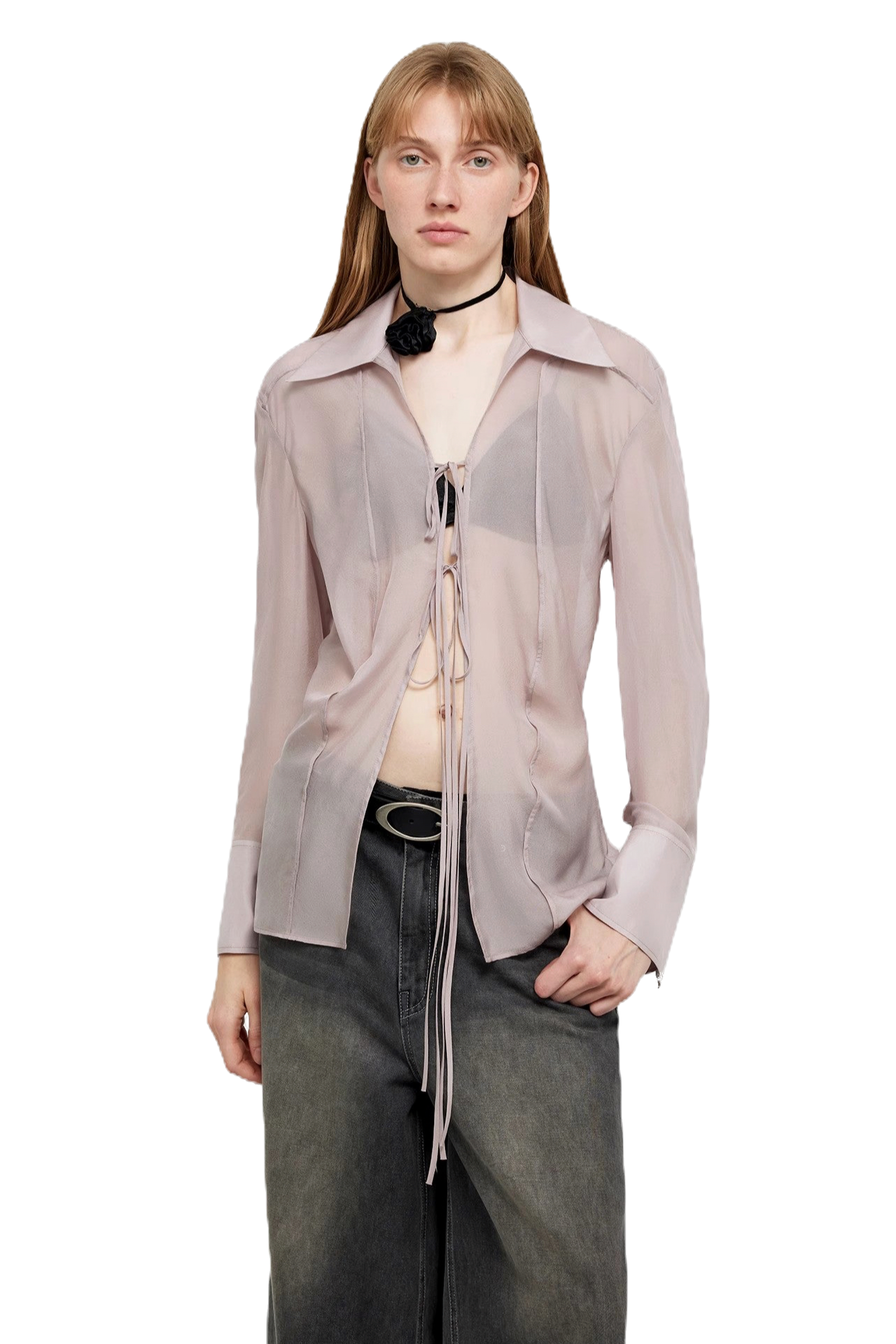 Firelady Fur "Hazy Moonlight" Silk Chiffon Lace-Up Shirt