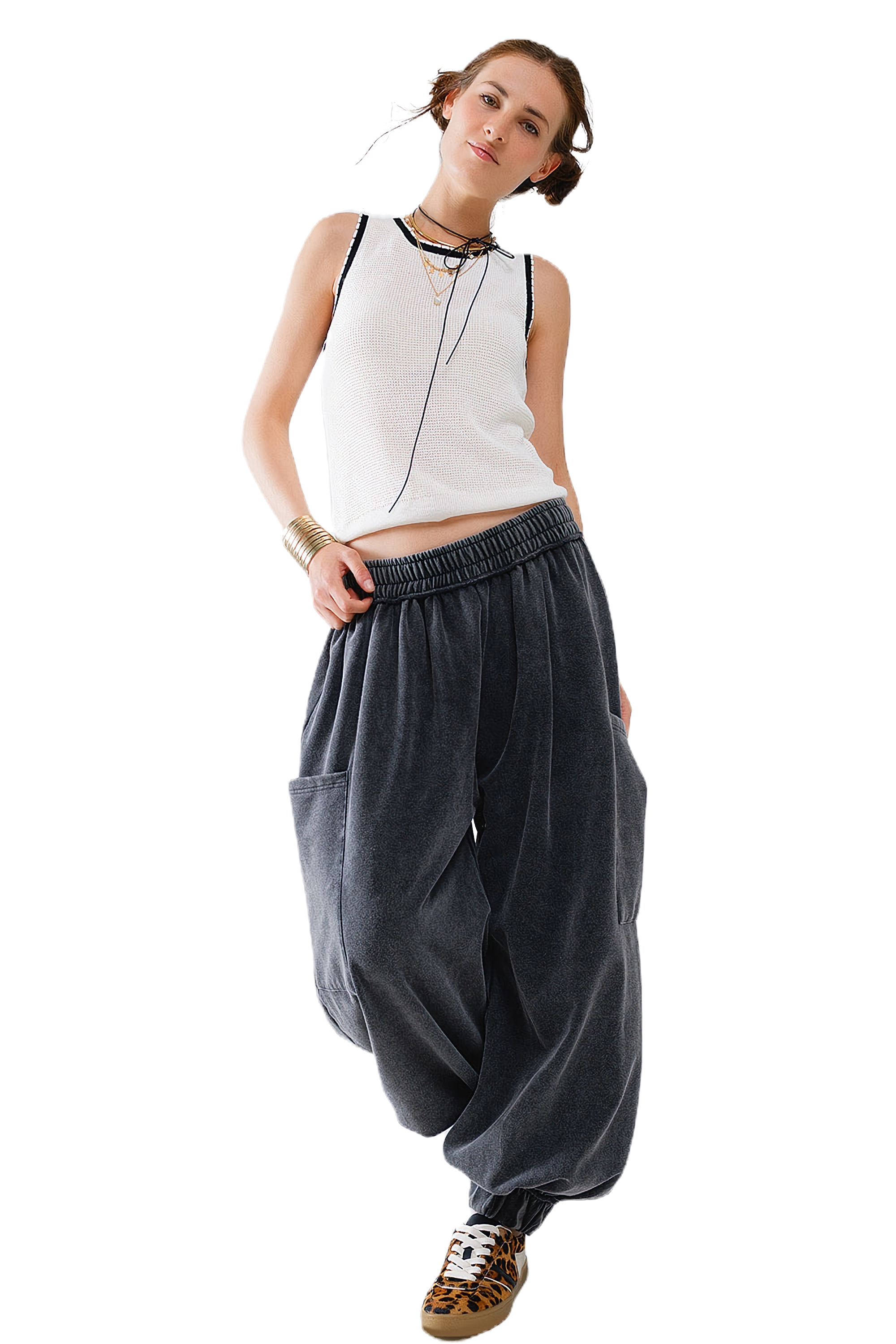 Q2 Pointelle White Sleeveless Top With Black and White Trim Detail