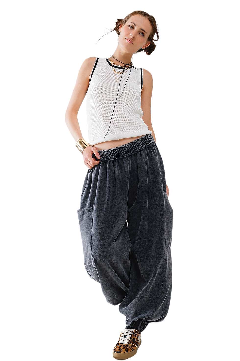 Q2 Pointelle White Sleeveless Top With Black and White Trim Detail