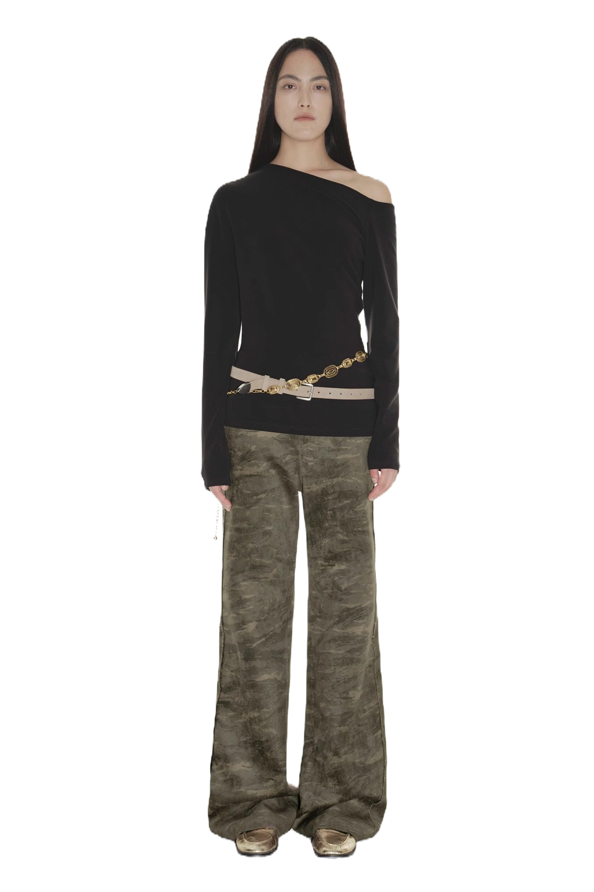Firelady Fur "Green Camouflage" Chenille Suede Slim Bootcut Pants