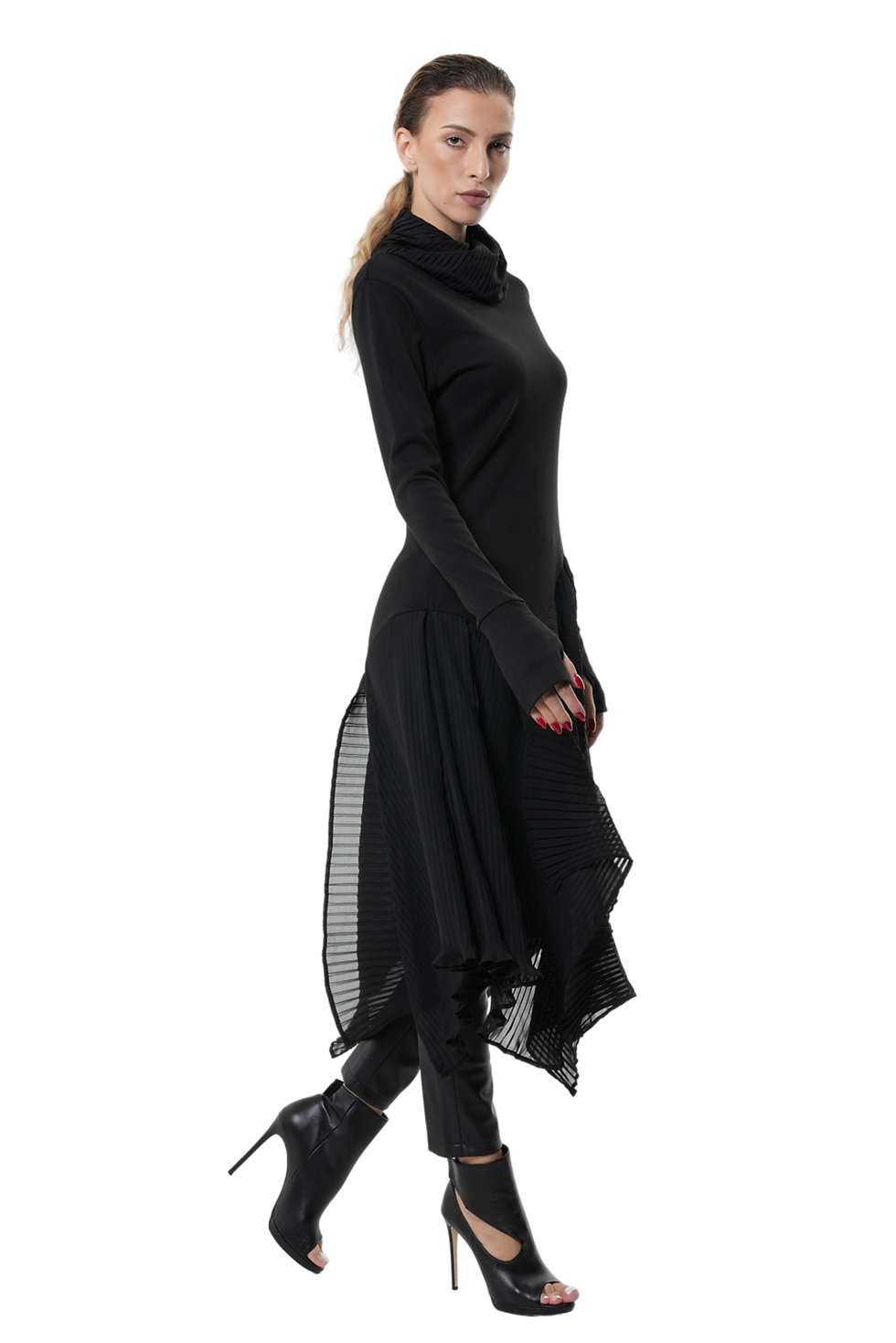 Metamorphoza Turtleneck Black Tunic with Pleated Chiffon Layer