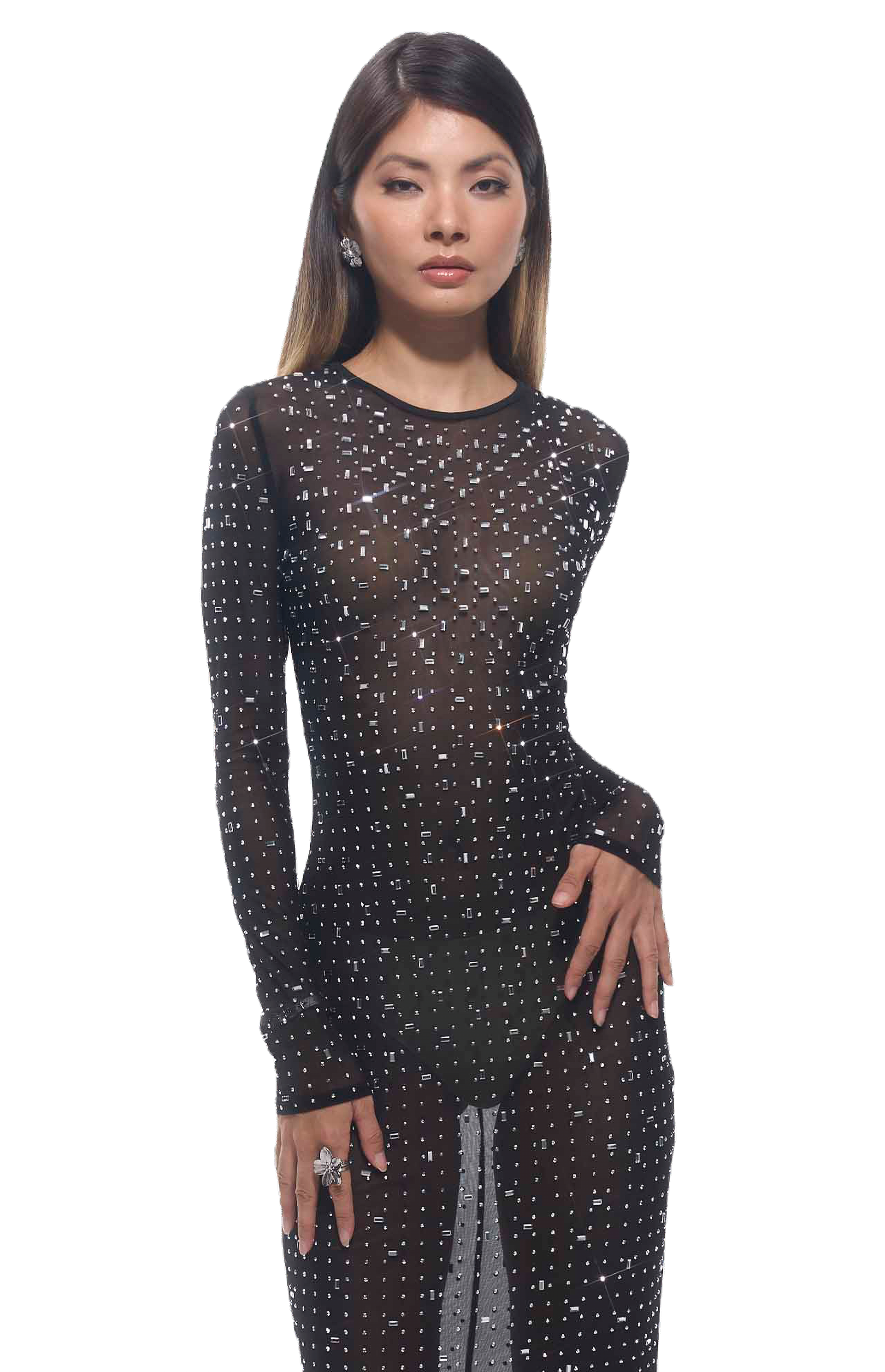 GUZUNDSTRAUS Sasso Diamante Mesh Long Sleeve Maxi Dress Black