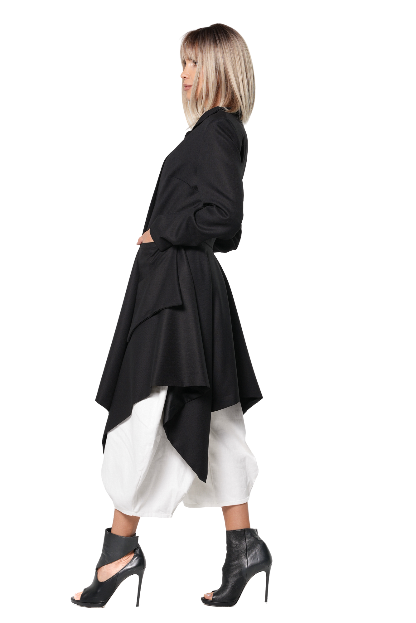 Metamorphoza 100% Wool Asymmetric Long Coat with Statement Pockets