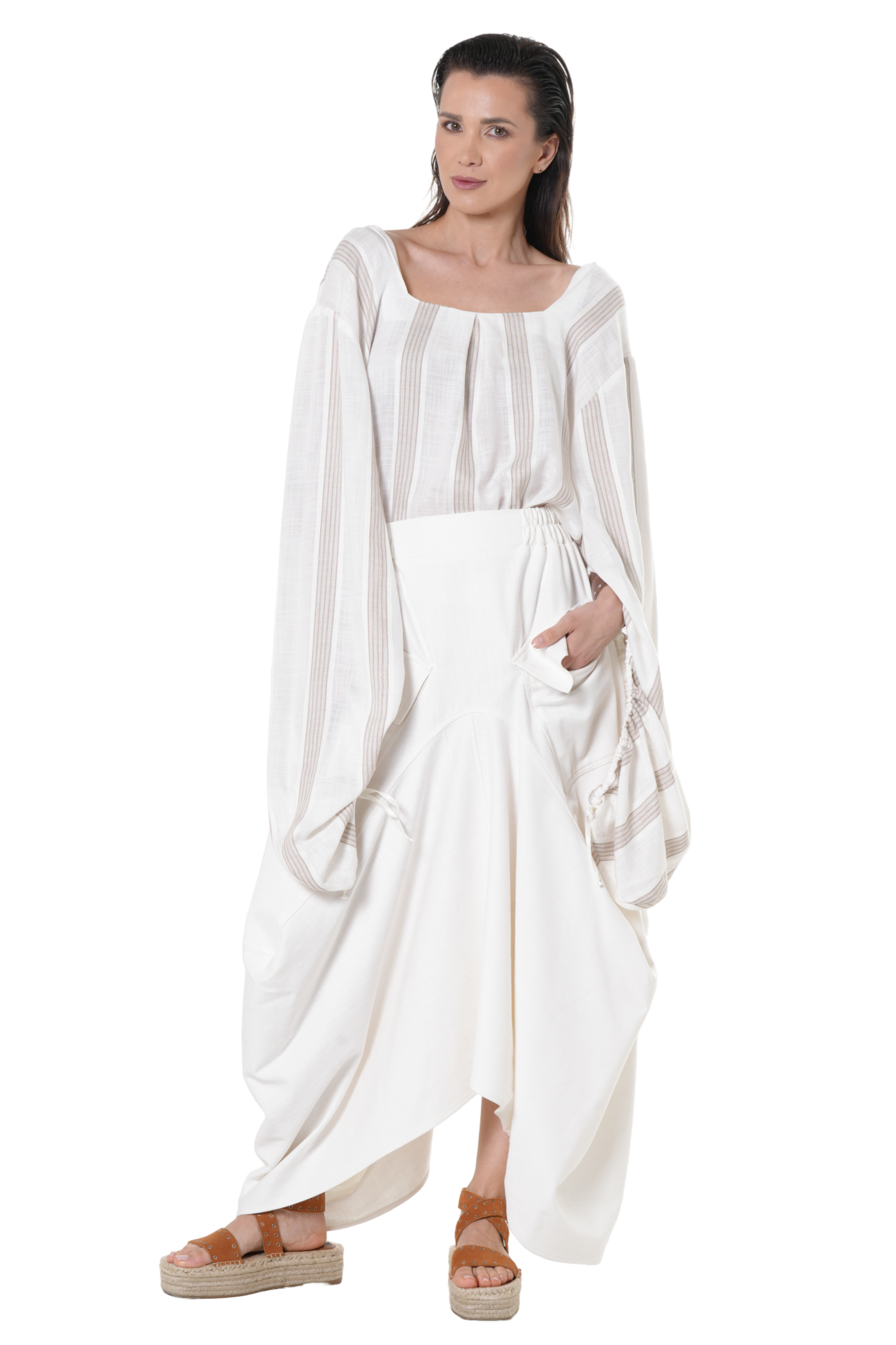 Metamorphoza Asymmetrical Long Denim Skirt in White