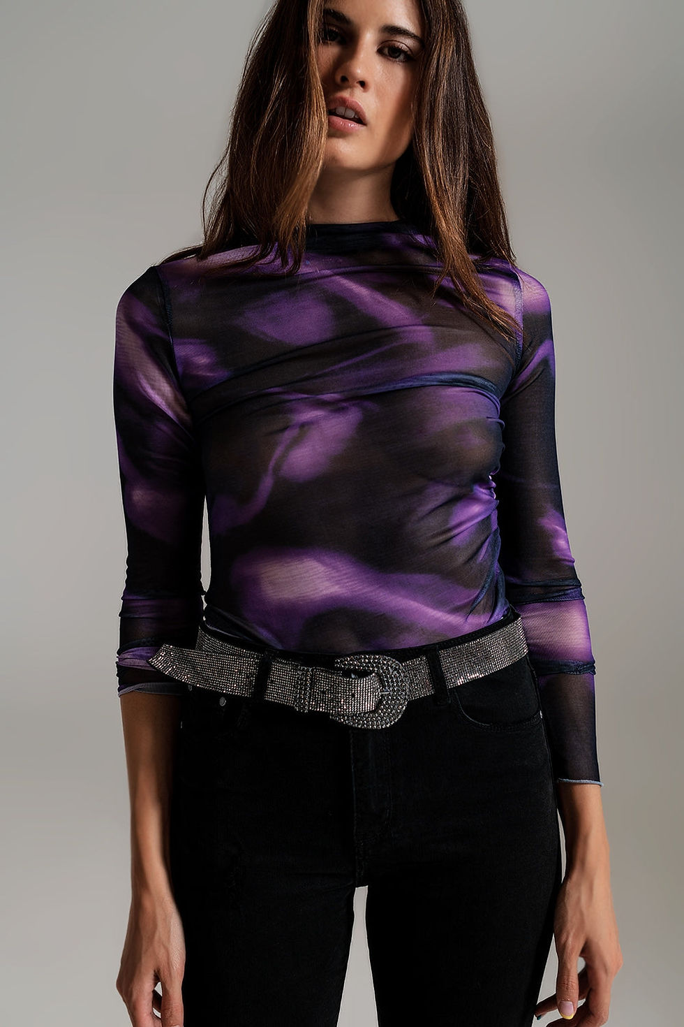 Thumbnail: Q2 Mesh Top Rouched at the Side in Purple Tie-dye Print