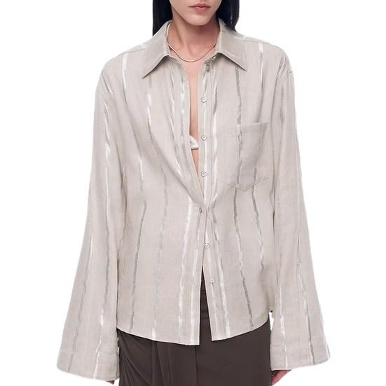 Firelady Fur "Anonymous Letter" Silver Stripe Trumpet Sleeve Linen Cropped Shirt