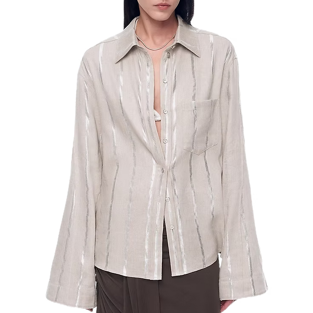 Firelady Fur "Anonymous Letter" Silver Stripe Trumpet Sleeve Linen Cropped Shirt
