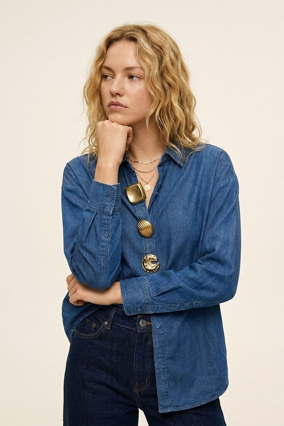Thumbnail: Blue Denim Oversize Shirt With Statement Gold Buttons