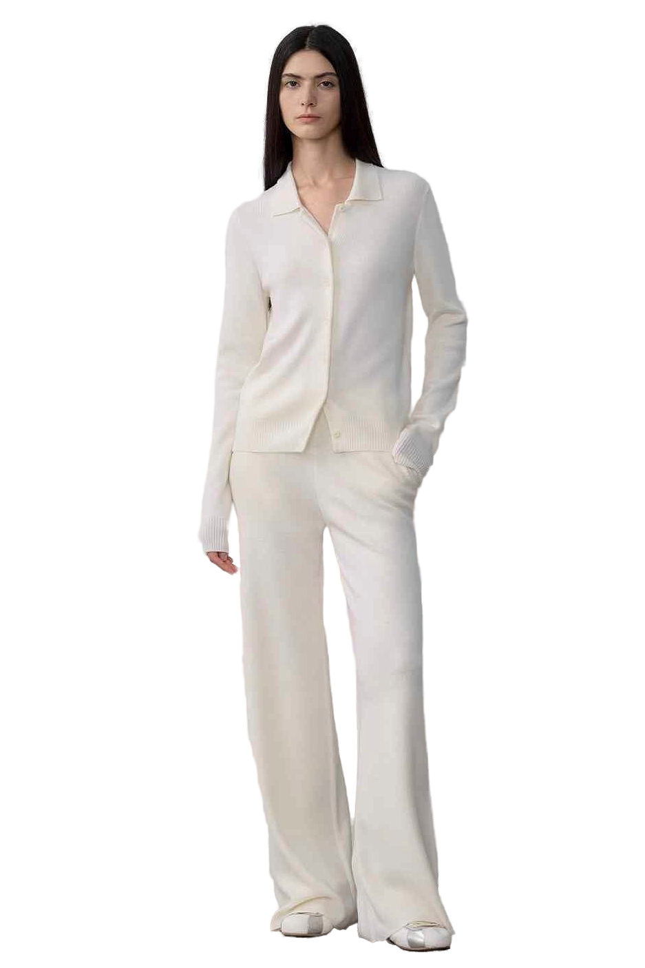 Firelady Fur "Lazy Urban" Merino Wool Polo Cardigan Straight-Leg Knit Pants Set