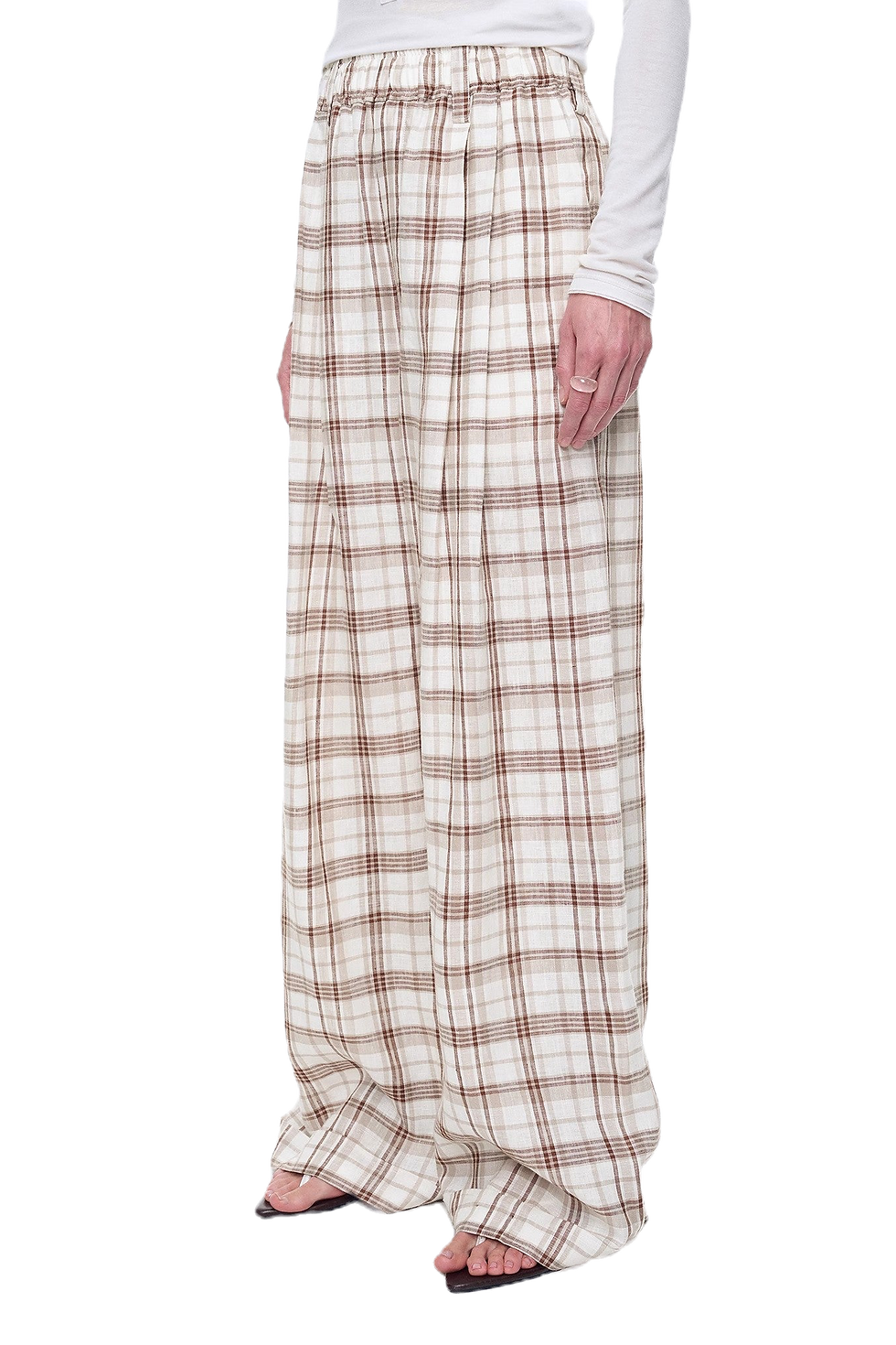 Thumbnail: Firelady Fur "Plaid Accent" National Style Jacquard/Drape Linen Retro Pants in Brown/Yellow