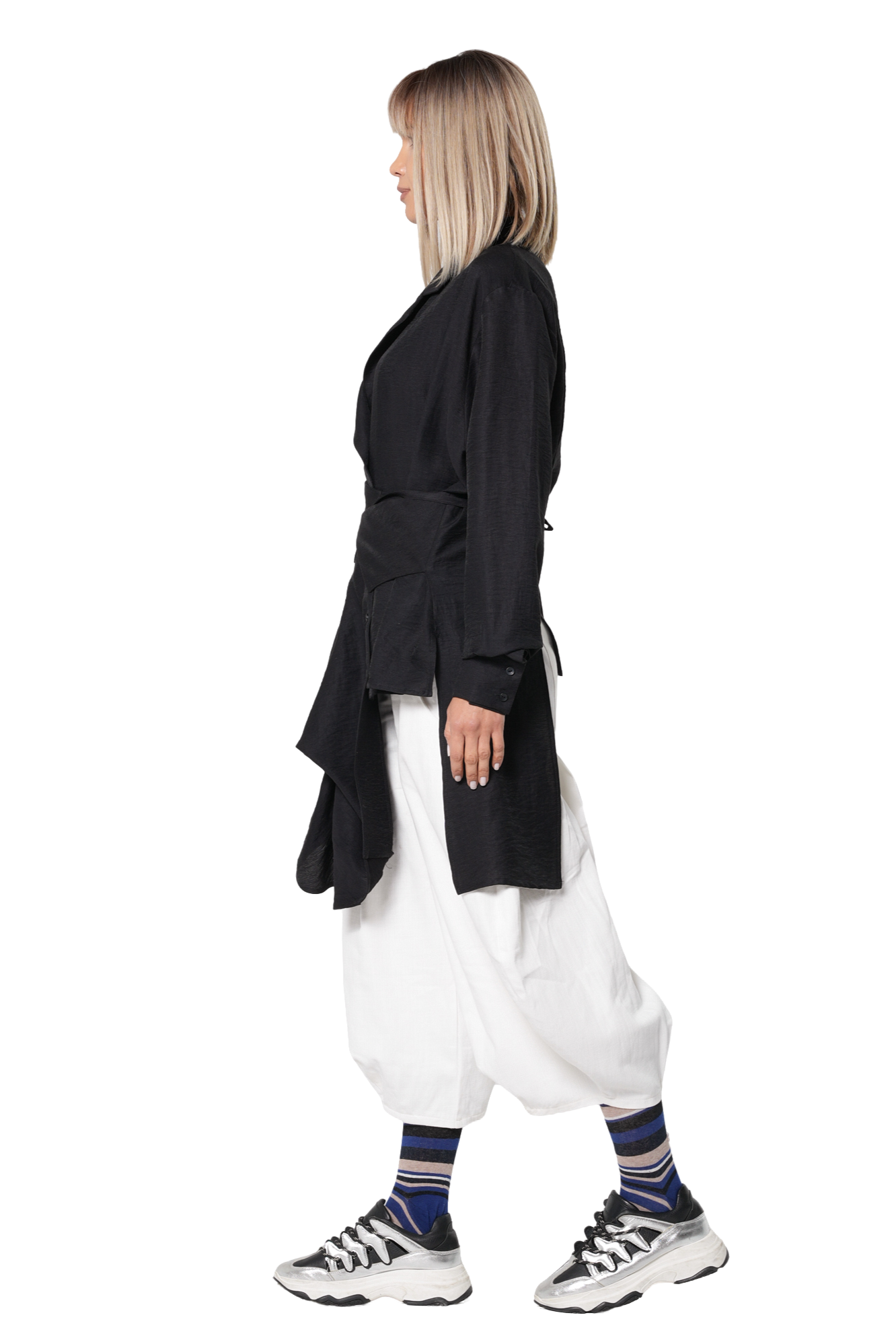 Metamorphoza Asymmetric Shirt with Draped Hem and Statement Belt