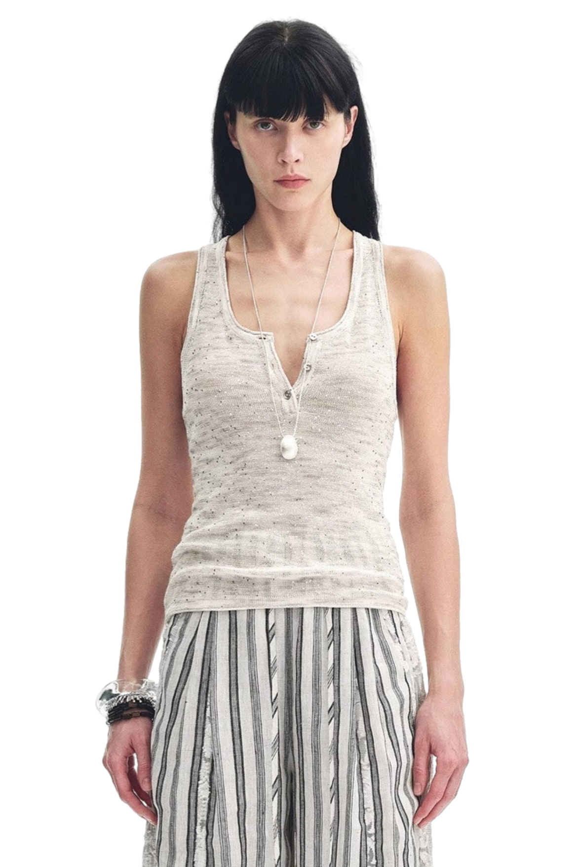 Firelady Fur "Summer Night Starry Sky" Cotton and Linen Henley Beaded Tank