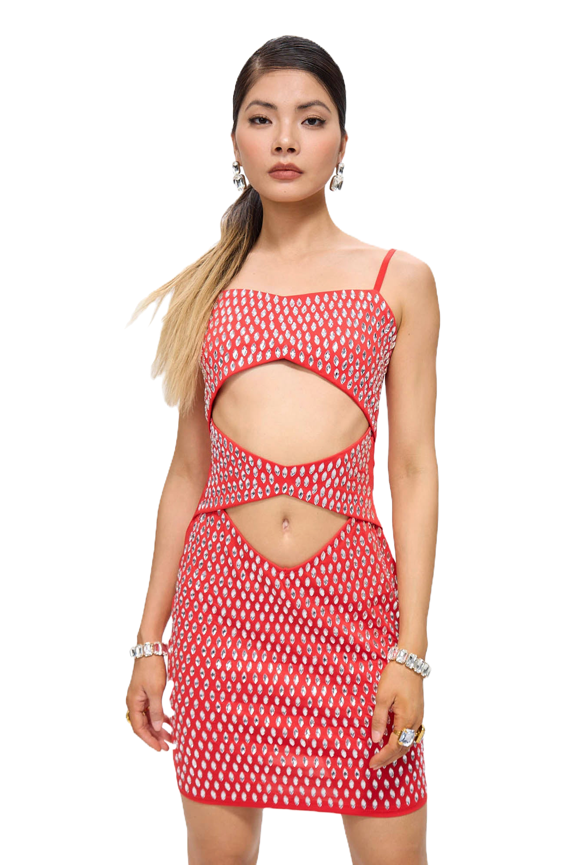 GUZUNDSTRAUS Nure Embellished Cut-Out Crystal Mini Dress Red