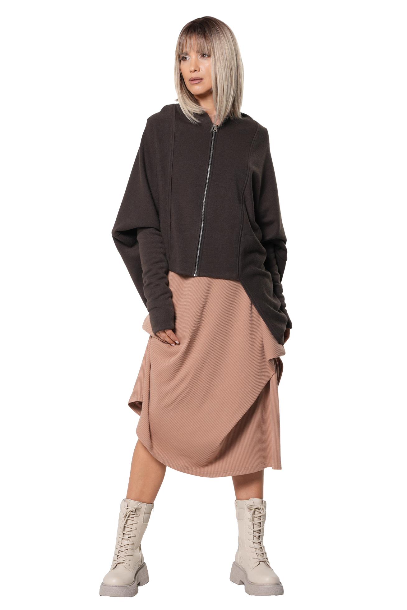 Metamorphoza Extravagant Cardigan With Front Zipper In Brown