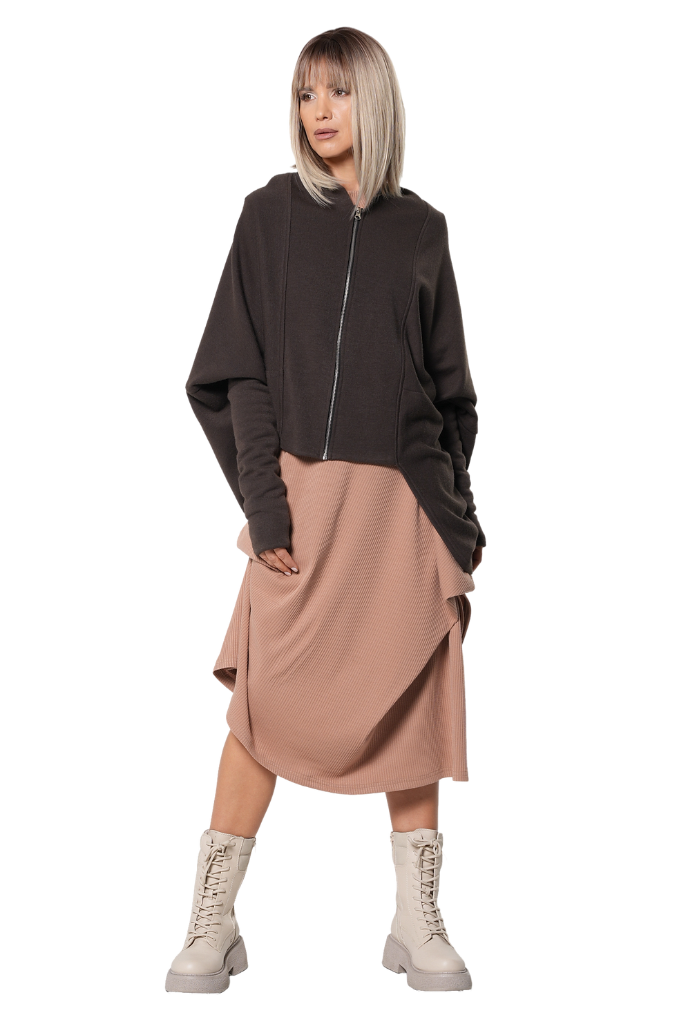 Metamorphoza Extravagant Cardigan With Front Zipper In Brown