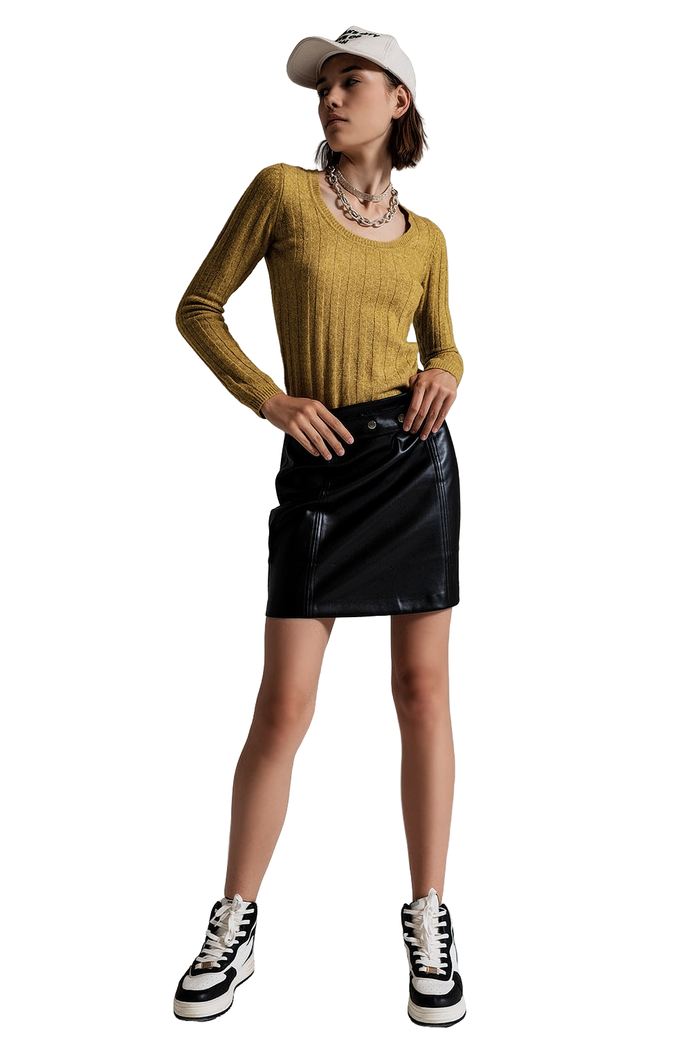 Q2 Black Straight Faux Leather Mini Skirt With Belt