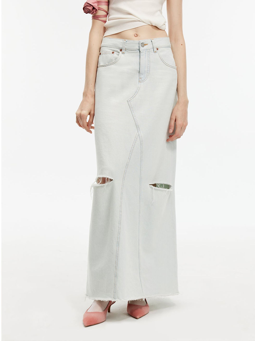 Firelady Fur "Walden Pond" Wash-Faded Distressed Hole Denim A-Line Skirt