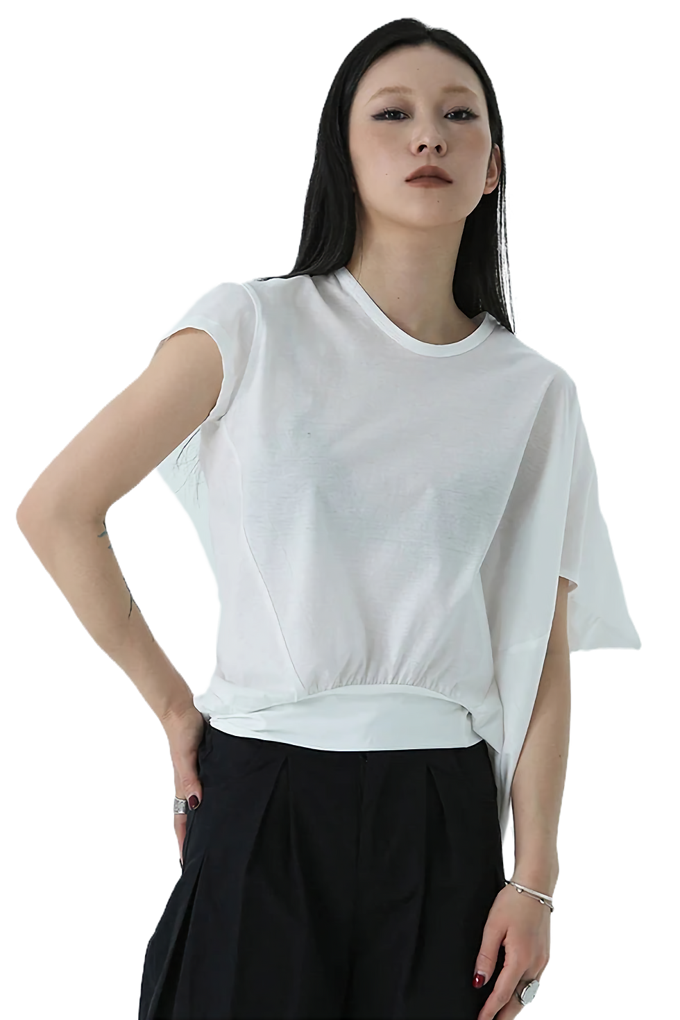Thumbnail: Marigold Shadows Draped Asymmetric Cotton Blouse - White