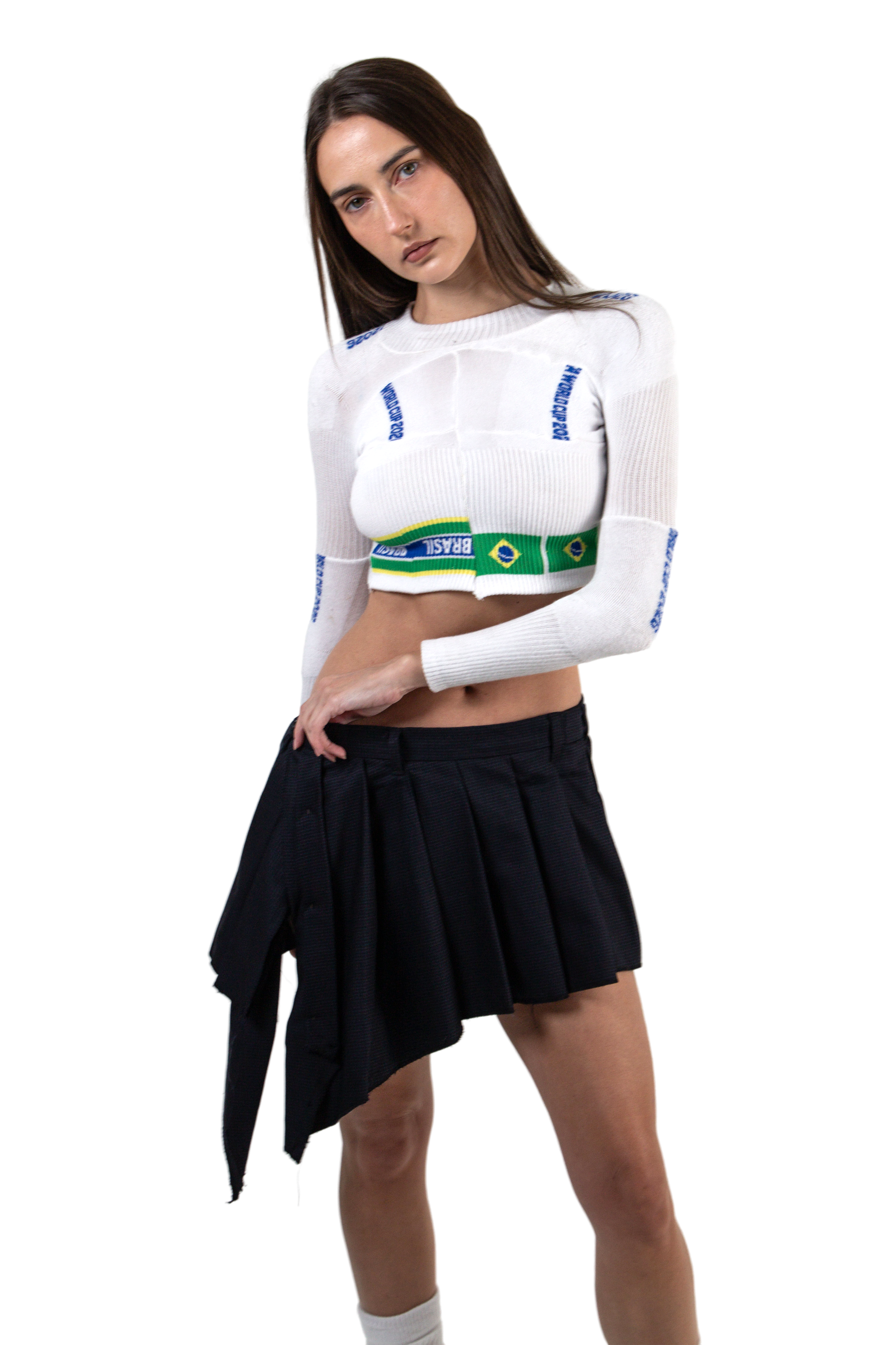 VLACKBOOK Brazil World Cup 2026 Sock Cropped Long Sleeve Top in White