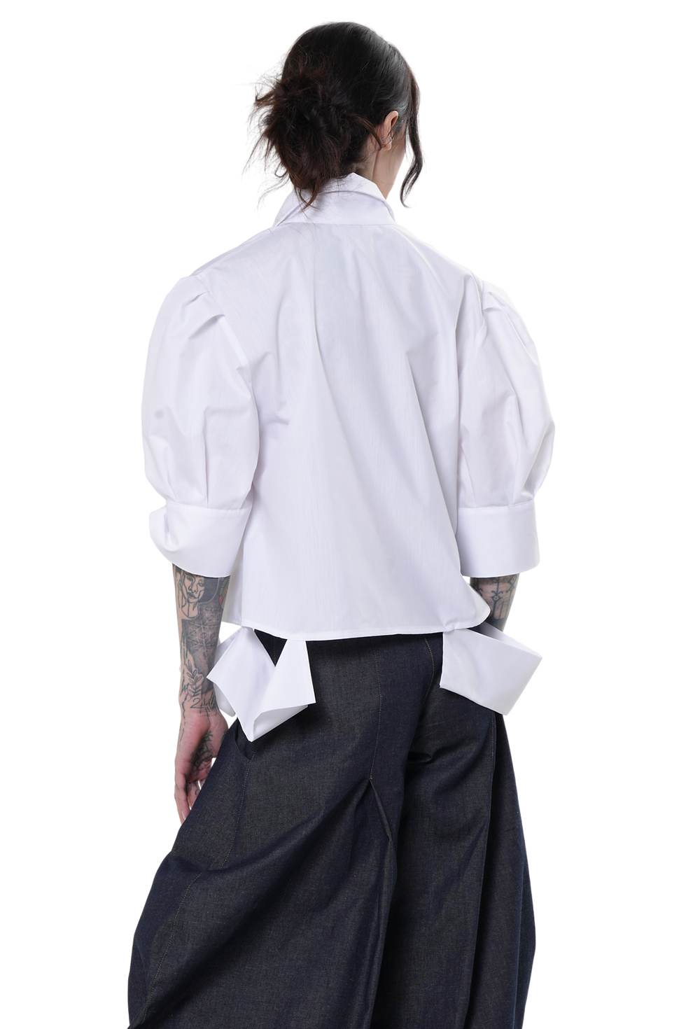 Thumbnail: Metamorphoza Cropped White Shirt With Puff Sleeves