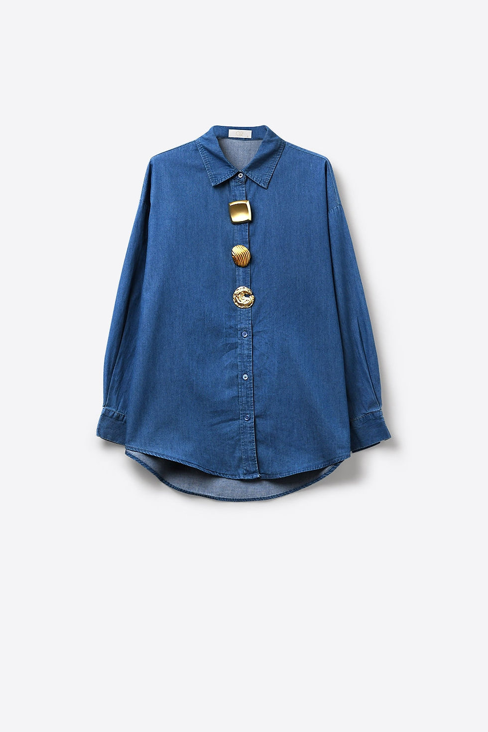 Thumbnail: Blue Denim Oversize Shirt With Statement Gold Buttons