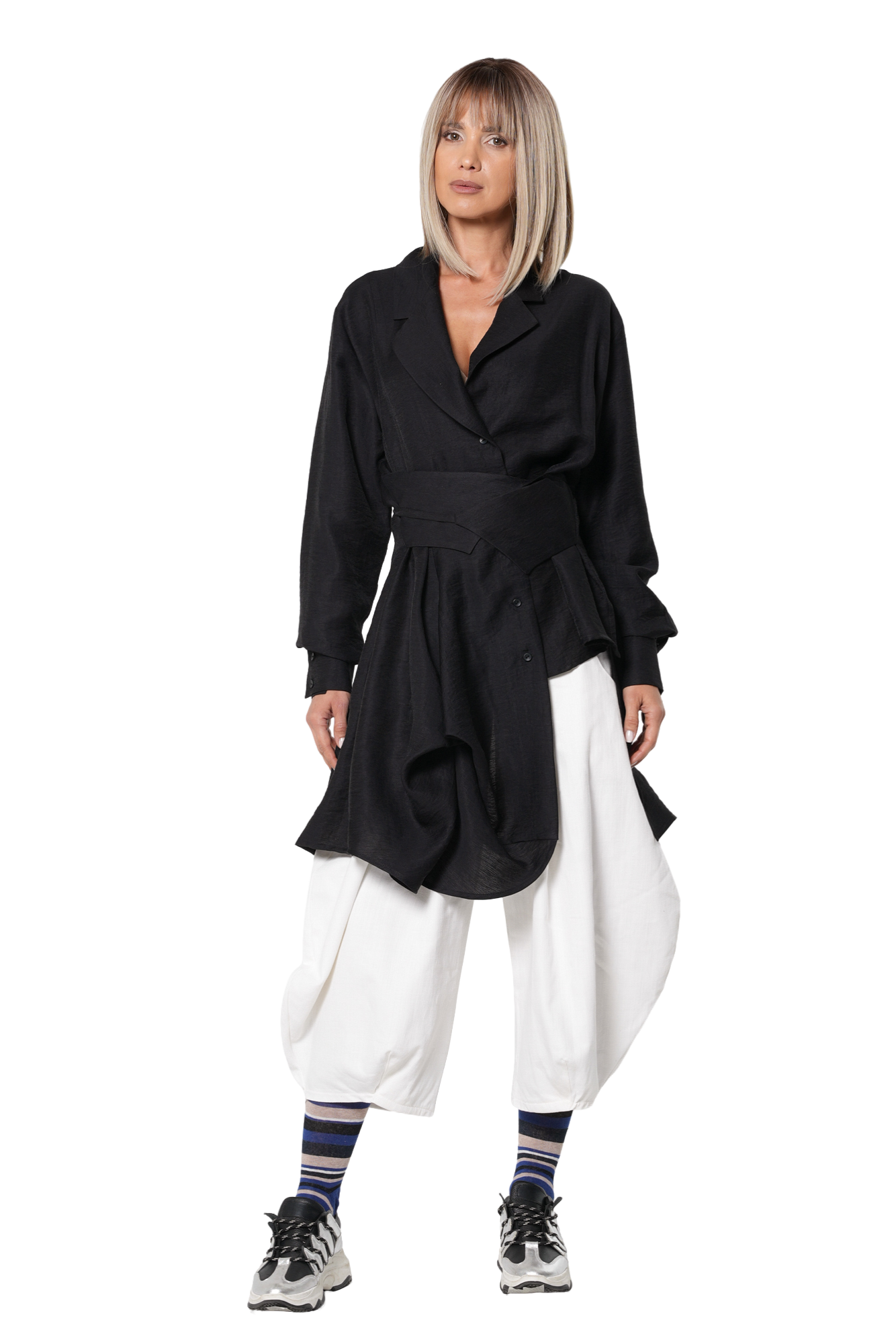 Metamorphoza Asymmetric Shirt with Draped Hem and Statement Belt
