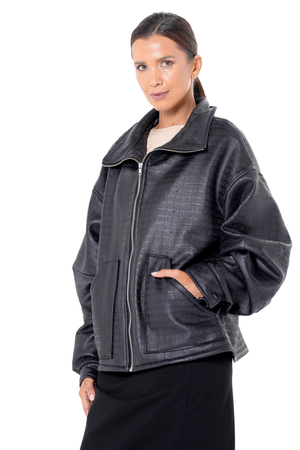 Metamorphoza Oversized Croc-Effect Jacket in Black