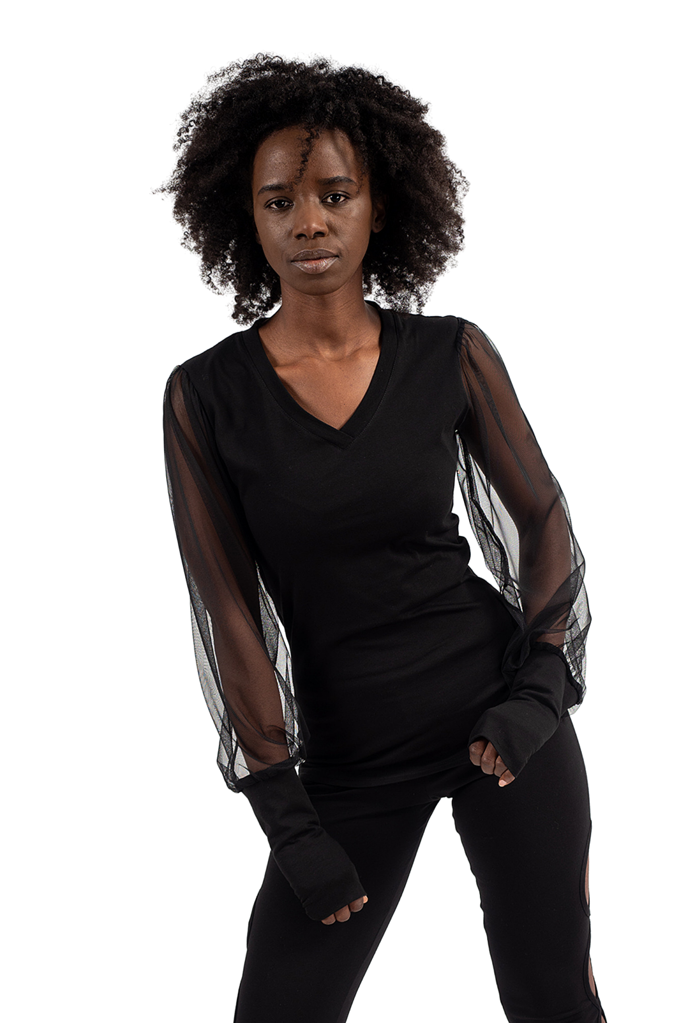 Metamorphoza V Neck Top with Tulle Sleeves in Black