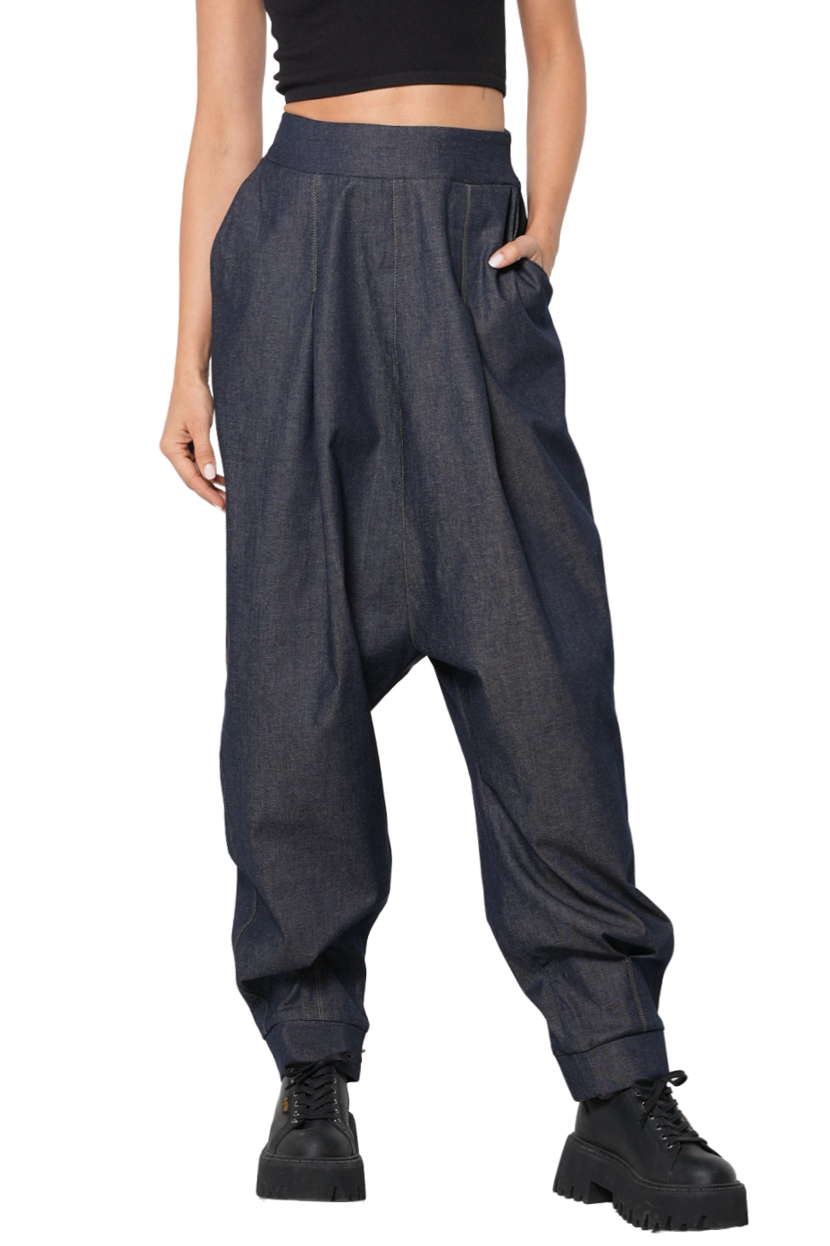 Metamorphoza Drop Crotch Denim Pants with Pleats and Elastic Waist