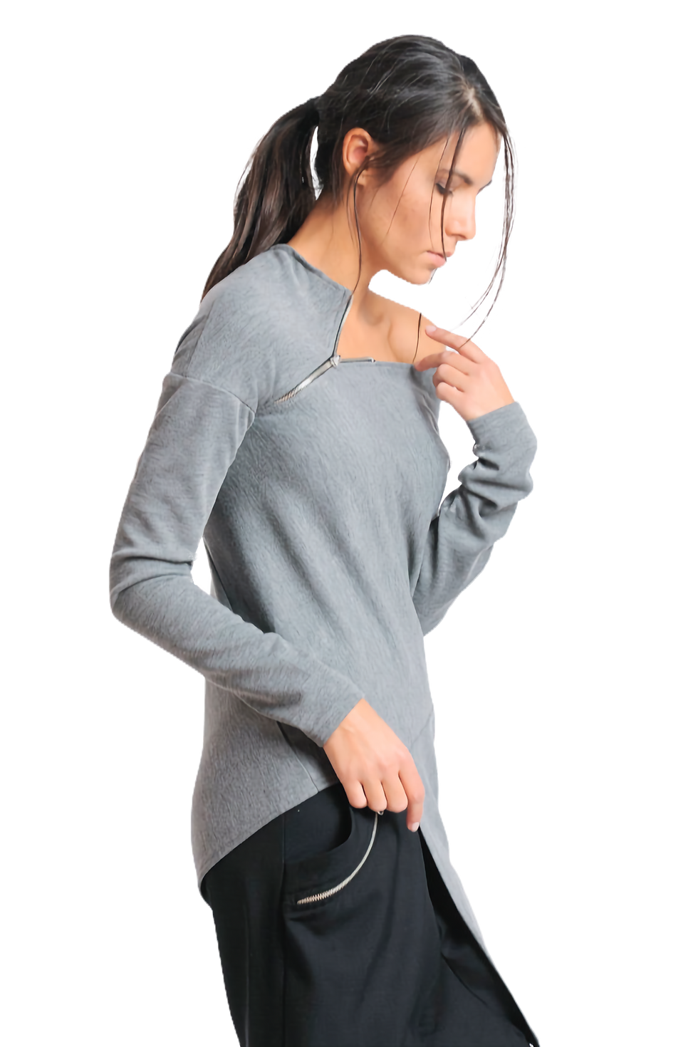 Thumbnail: Metamorphoza Open Shoulder Zipped Tunic in Gray