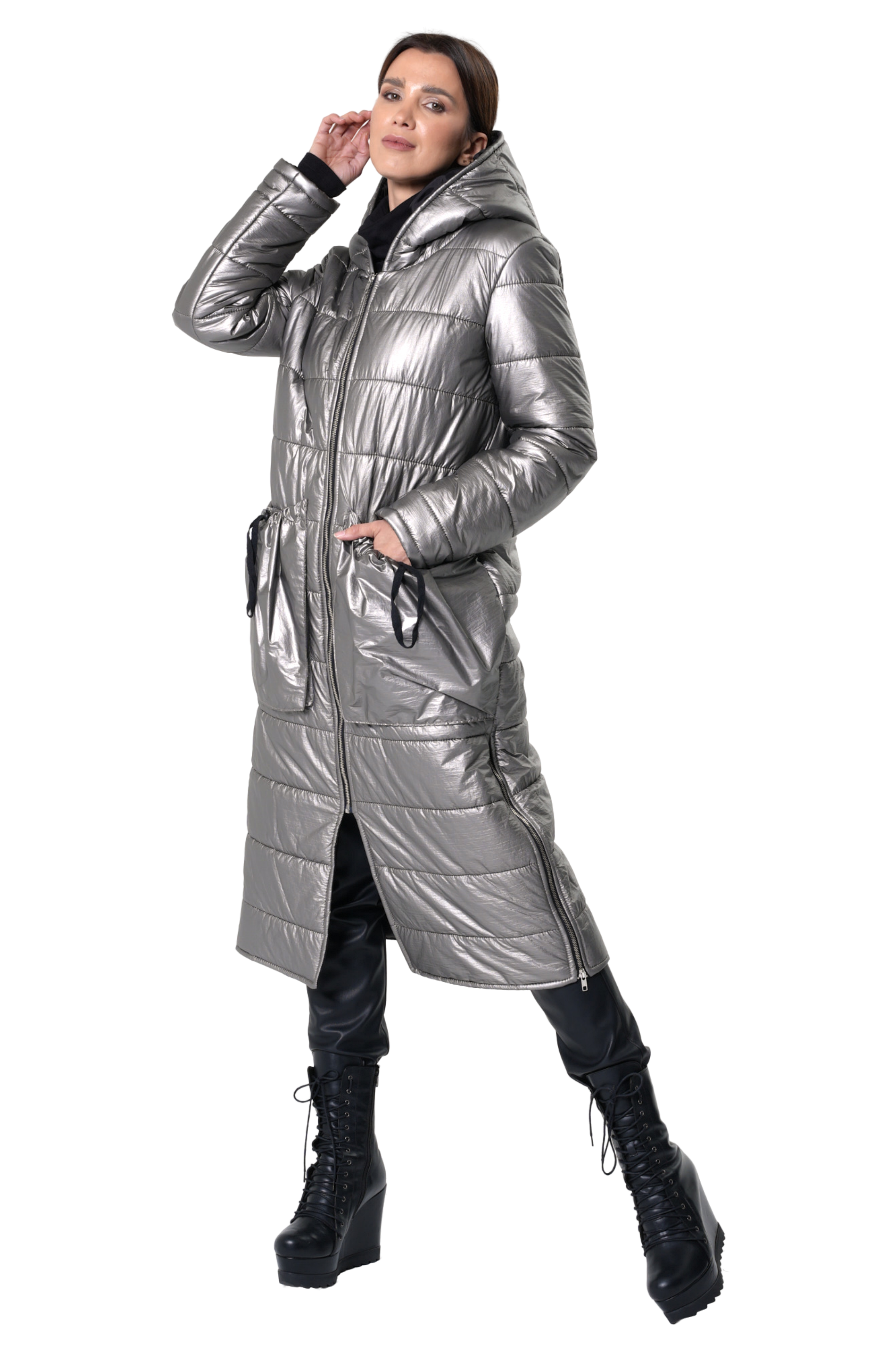 Metamorphoza Long Puffer Jacket with Oversize Pockets in Silver