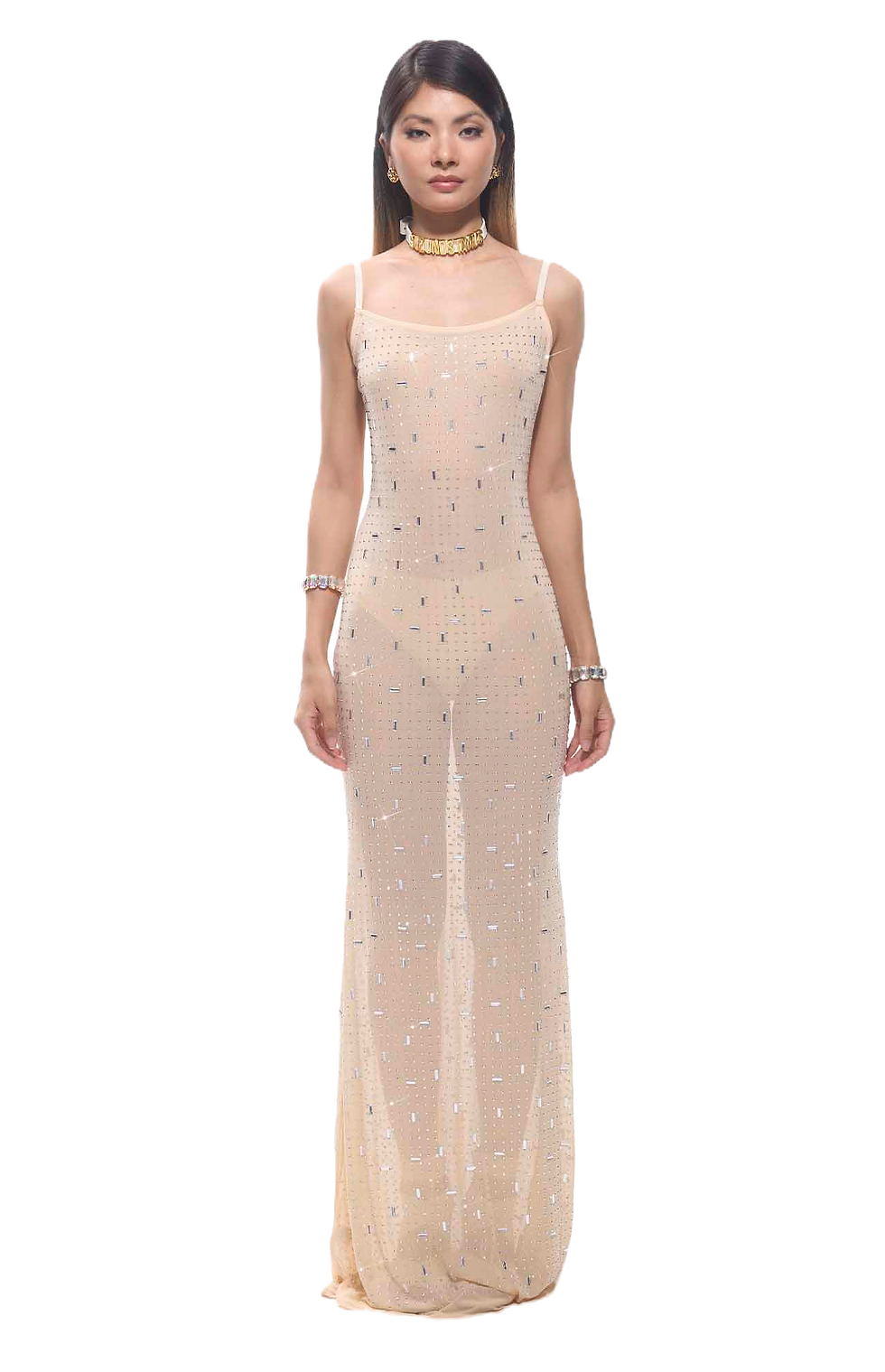 GUZUNDSTRAUS Crystal Embellished Mesh Maxi Dress - Beige