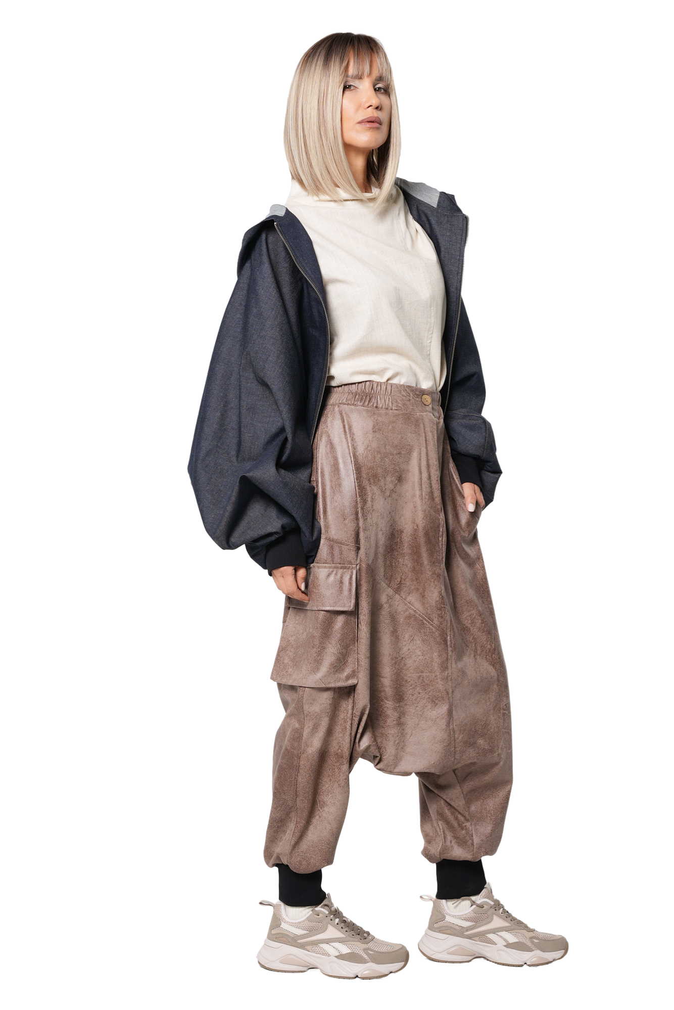 Metamorphoza Faux Suede Drop Crotch Pants with Cargo Pockets