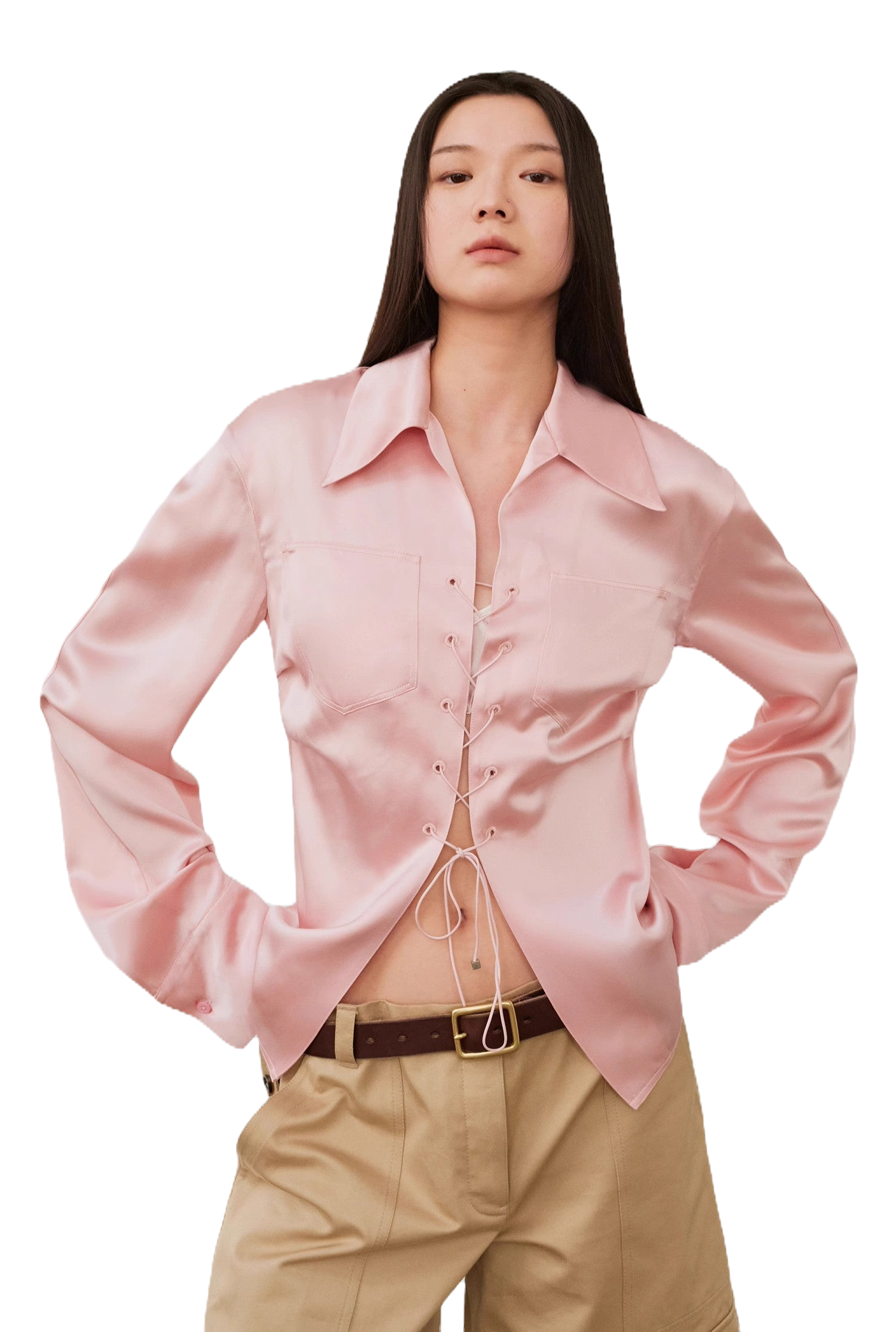 Firelady Fur "Mercerized Spring Shadow" Acetate Silk Long Sleeve Tie Shirt