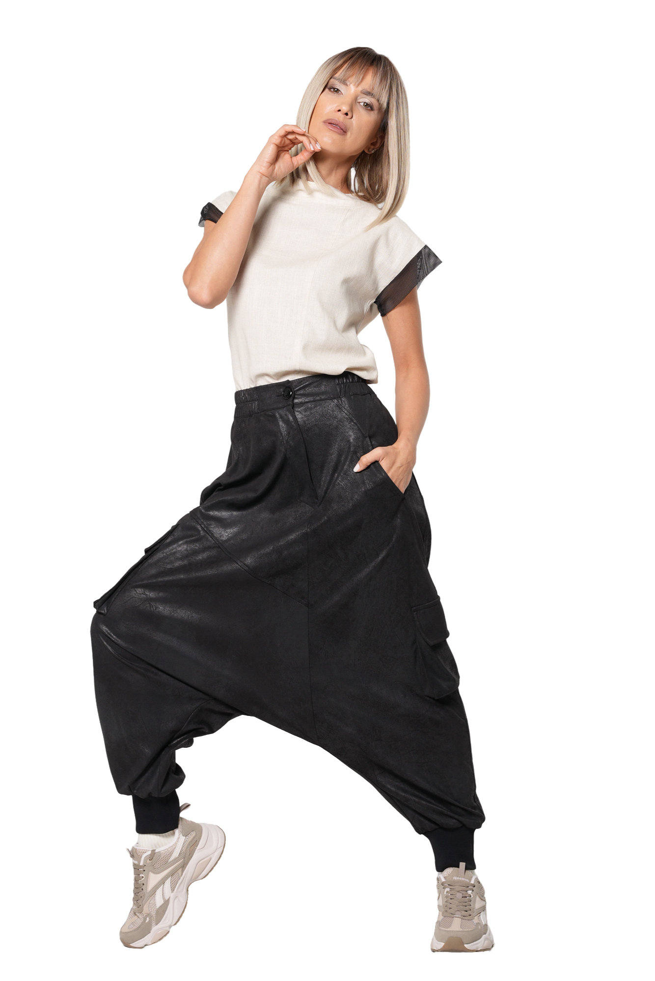 Metamorphoza Faux Suede Drop Crotch Pants with Cargo Pockets