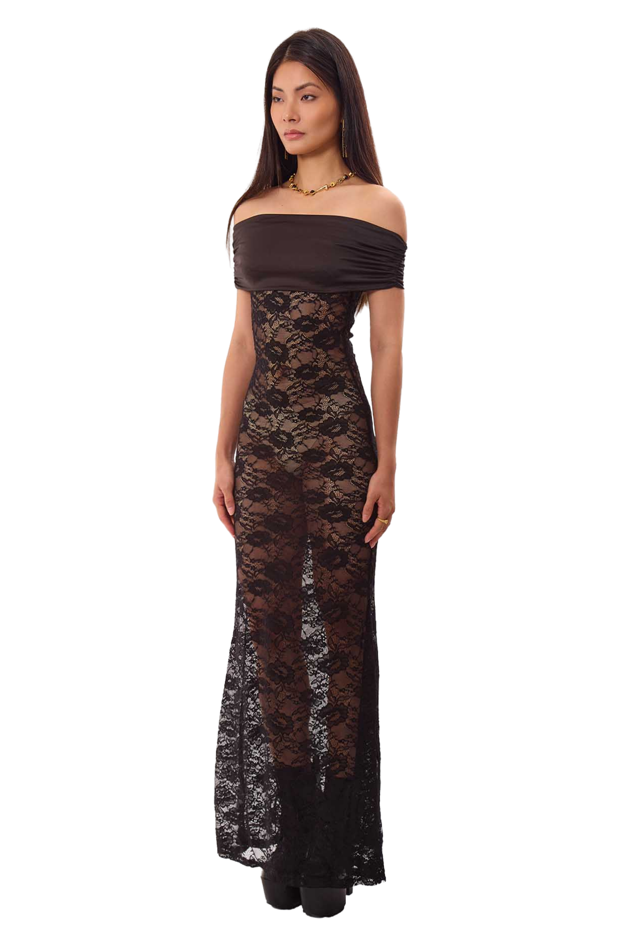 GUZUNDSTRAUS Lace Off-shoulder Maxi Dress Black