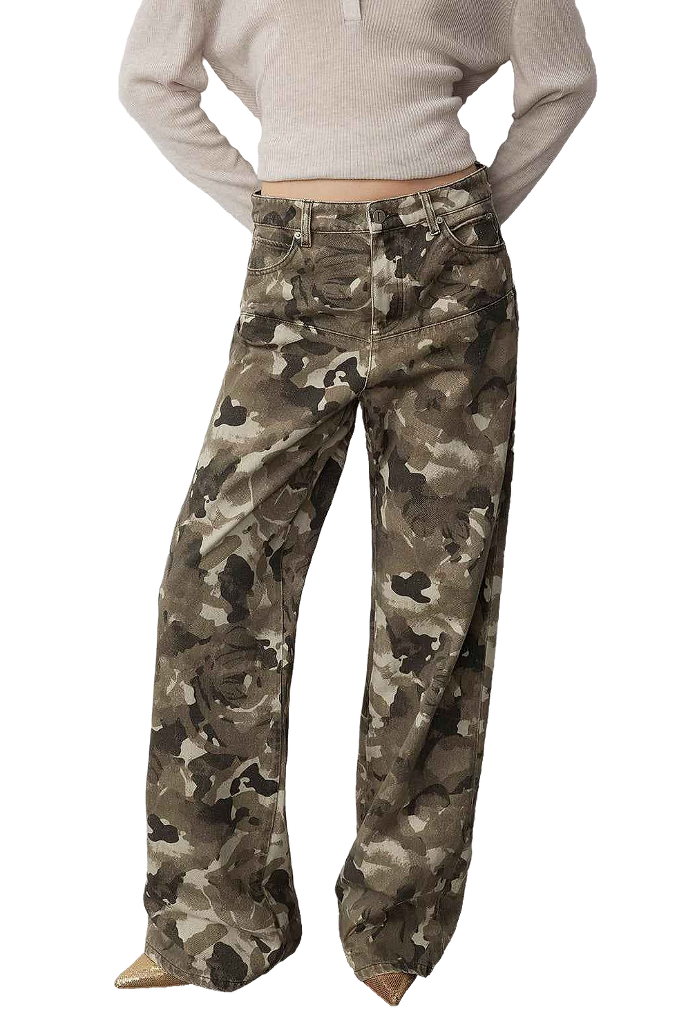 Firelady Fur "Camouflage Charm" Camouflage Print Washed Straight-Leg Jeans