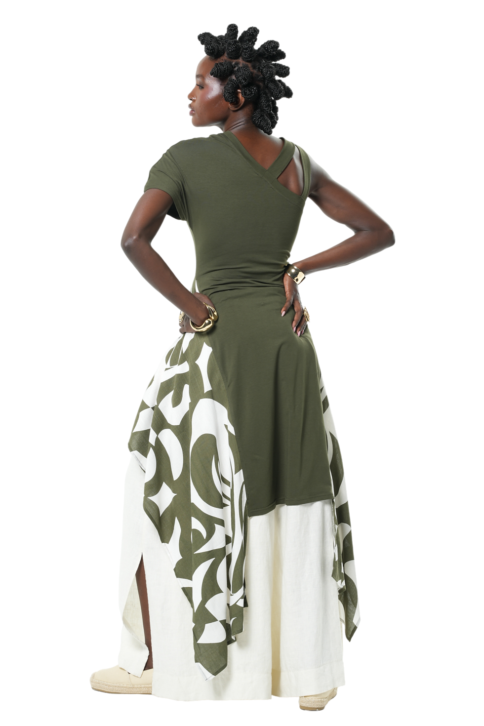 Thumbnail: Metamorphoza Open Shoulder Long Top With Print In Green