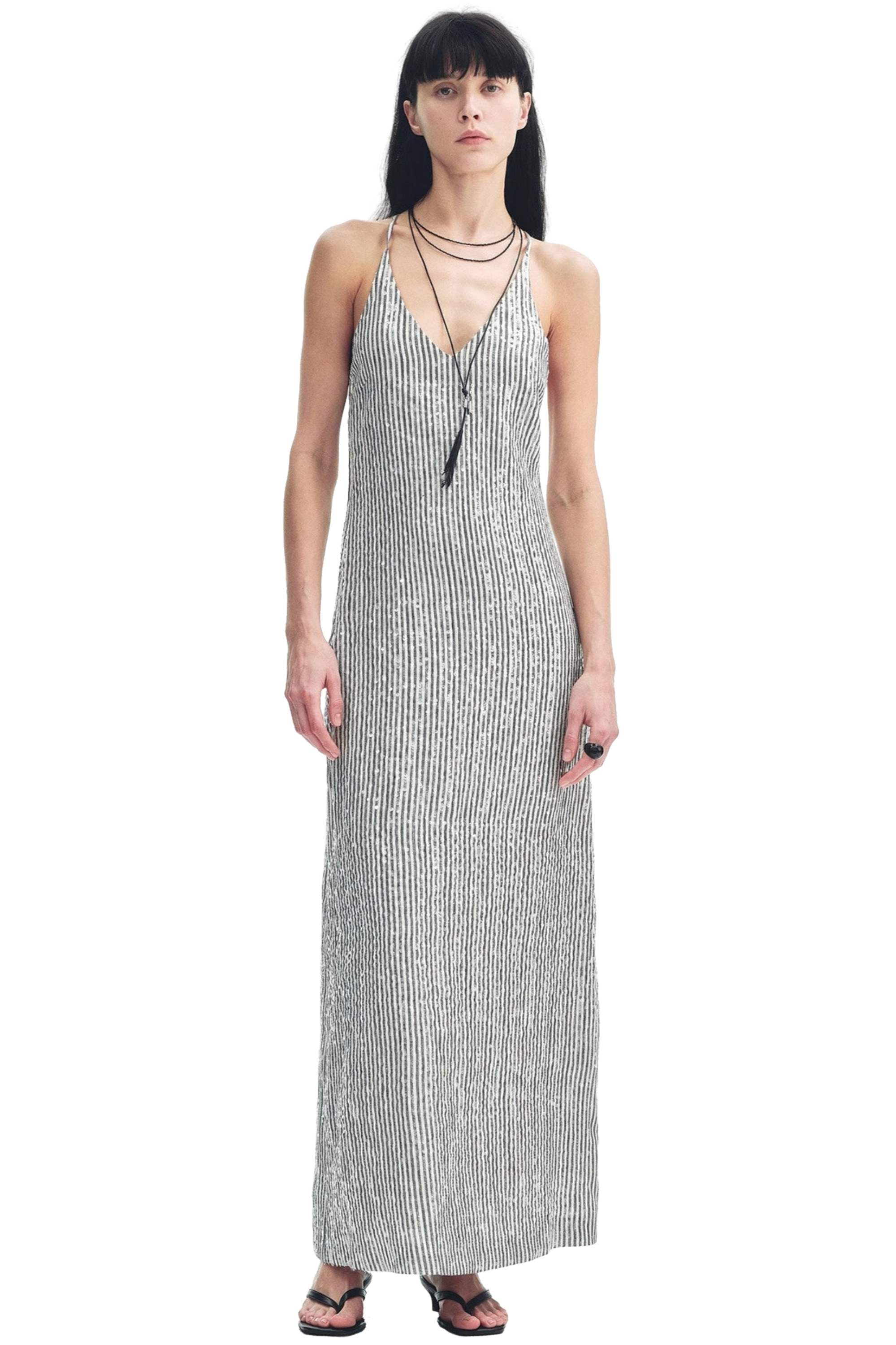 Firelady Fur "Galaxy Trace" Sequin Embroidery Stripe Linen Summer Dress