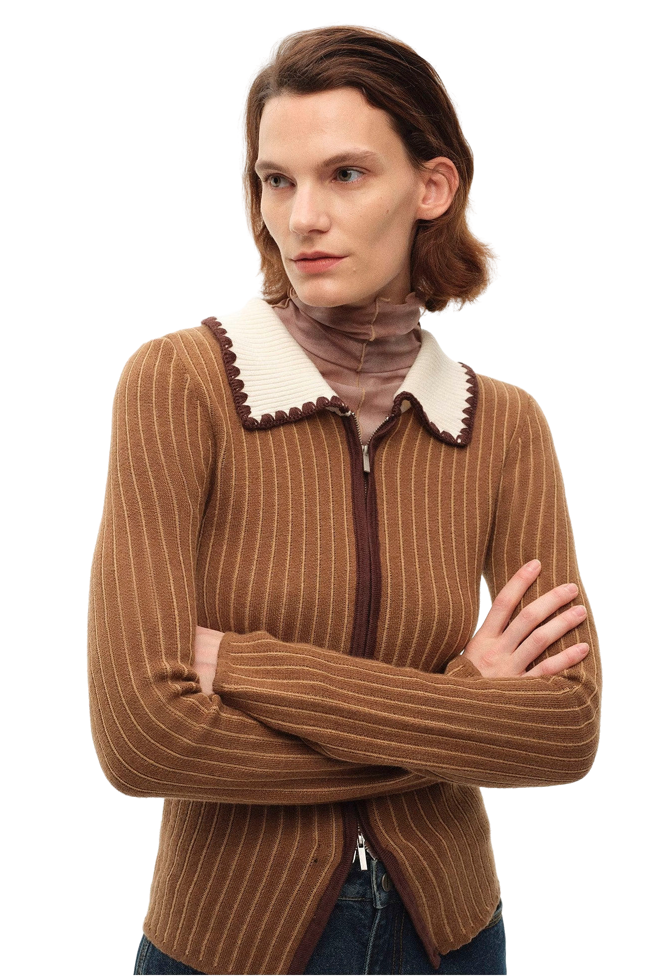 Firelady Fur × JW Joint Striped Fabric Crocheted Lapel Wool Knit Cardigan